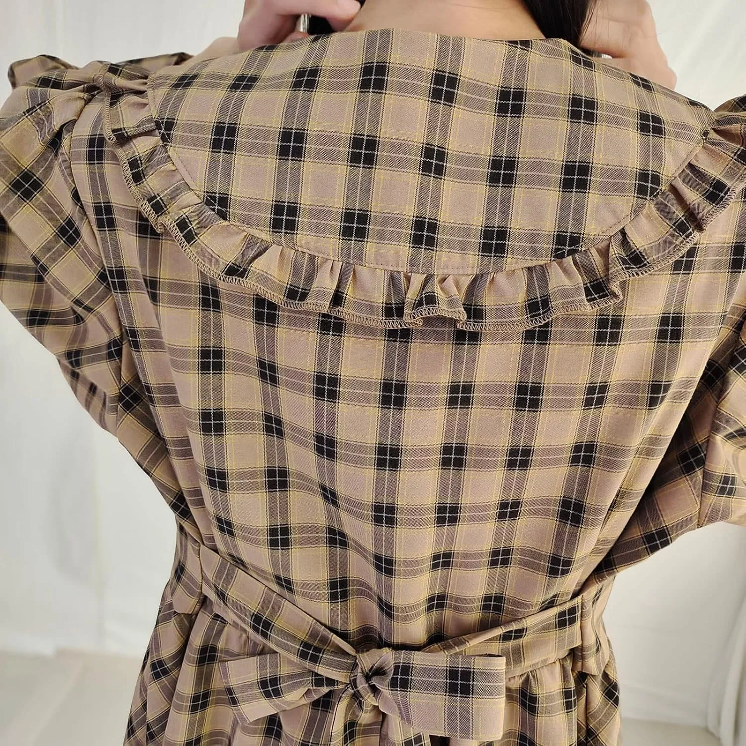 Sleeve Plaid Dress for Women Vintage Peter Pan Collar Casual A Line shower crude summarize Button Elegant Shirt Dress Spring Long 