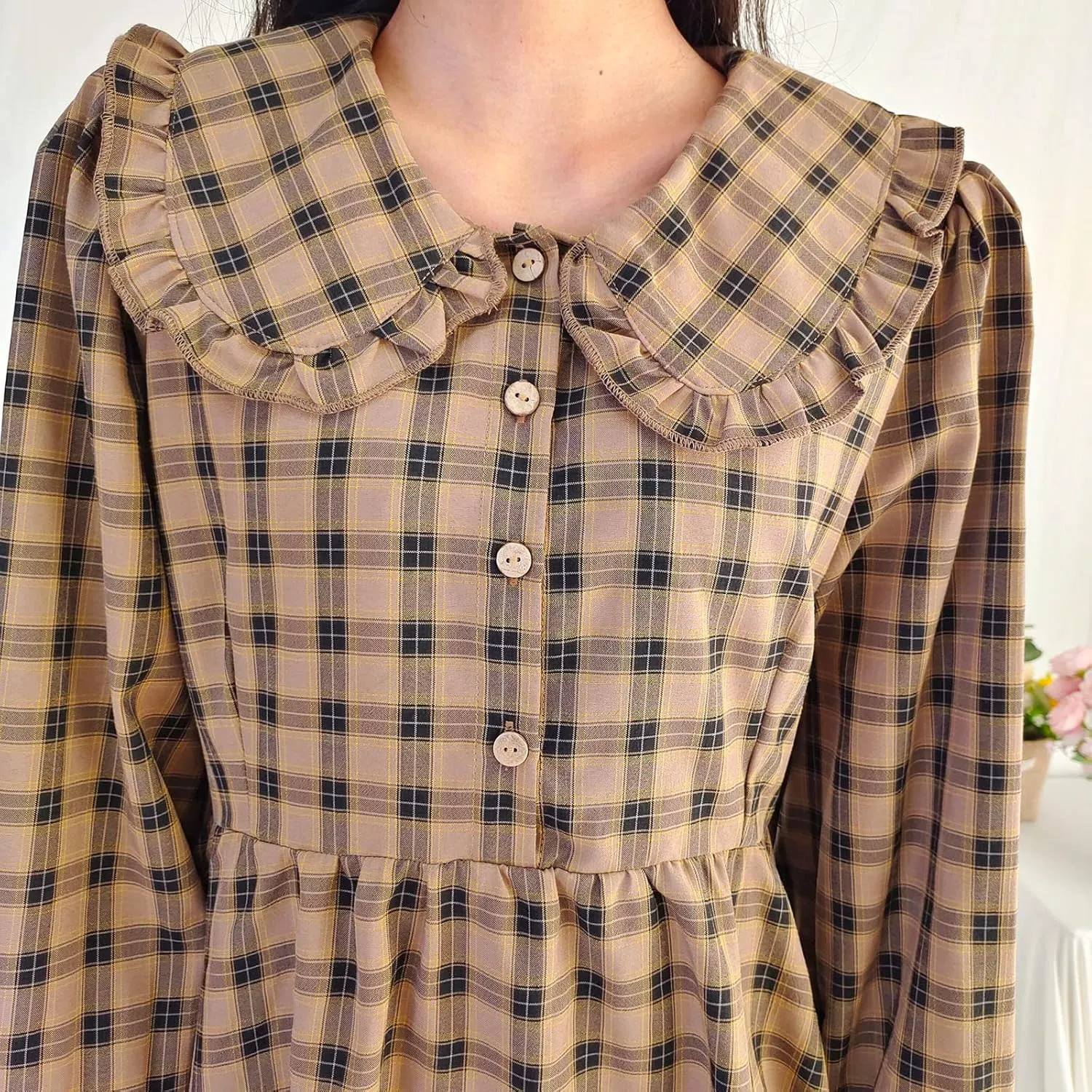 Sleeve Plaid Dress for Women Vintage Peter Pan Collar Casual A Line shower crude summarize Button Elegant Shirt Dress Spring Long 