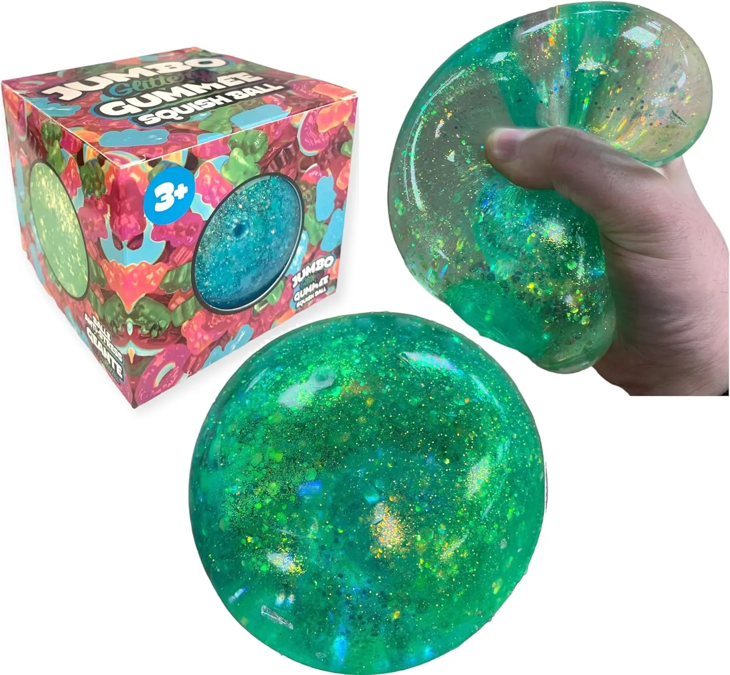 Slow-Rise Glitter Sugar Stress Ball$ Perfect Novelty Stress-Relief Fidget Toys Gifts for Adults and Children (Green) Jumbo 4" Glittery Gummee Ball$ Extra Large woad Sensory 