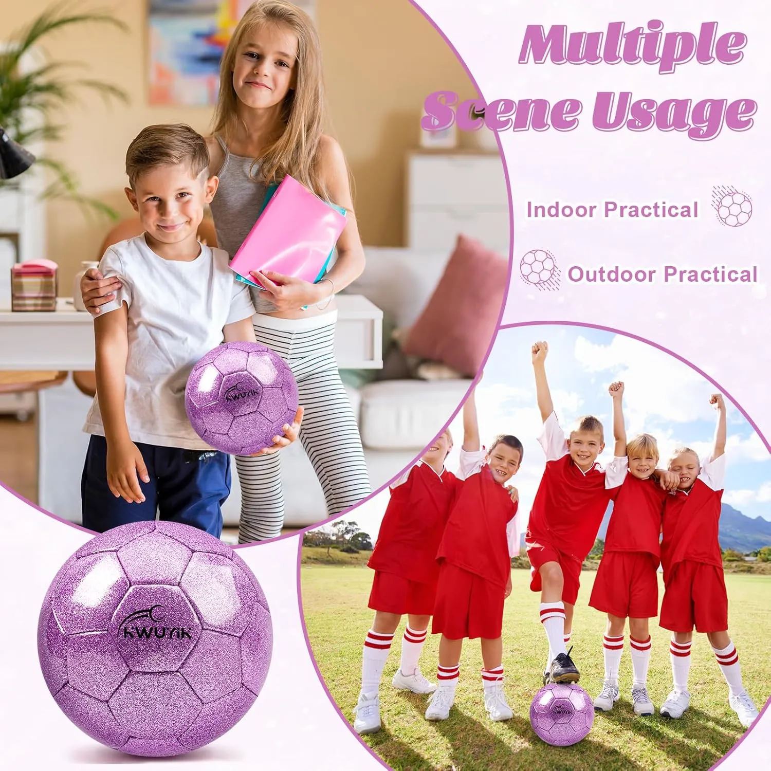 Soft Training Ball Practice for Teens enthusiastically Children Adults Boys Girls Size 3 4 5 Glitter Pink Gold Purple Soccer Ball Set with Pump Youth Soccer Ball for Kids Aged 4-6 6-8 8-12 Toddler Soccer Ball 