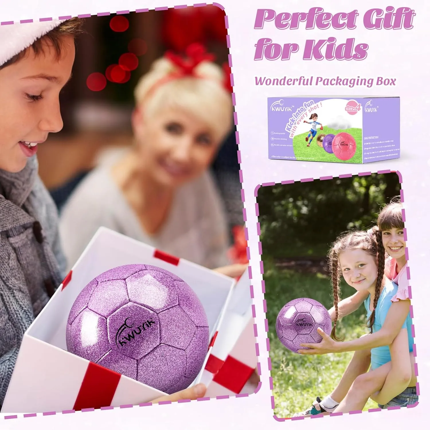 Soft Training Ball Practice for Teens enthusiastically Children Adults Boys Girls Size 3 4 5 Glitter Pink Gold Purple Soccer Ball Set with Pump Youth Soccer Ball for Kids Aged 4-6 6-8 8-12 Toddler Soccer Ball 