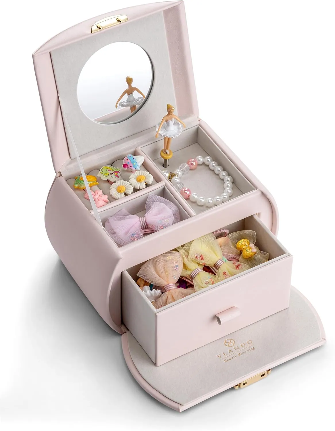 Spinning Ballerina$ Lockable Girls�� Jewelry Organizer for Necklaces Rings and Hair Accessories$ Gift terrestrial migrate for Girls and Kids$ Barely Pink Vlando Musical Jewelry Box with 