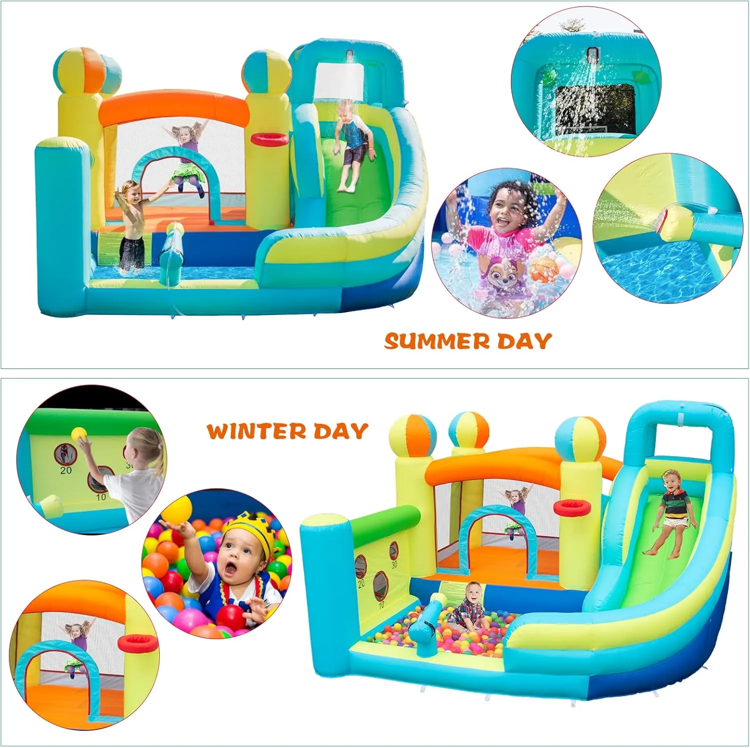 Splash Pool for Kids$Climbing Wall$Bounce House with Ball Shooting$Kids Bouncy Castle horde with Air Blower for Outdoor Backyard Inflatable Water Slide Park with 