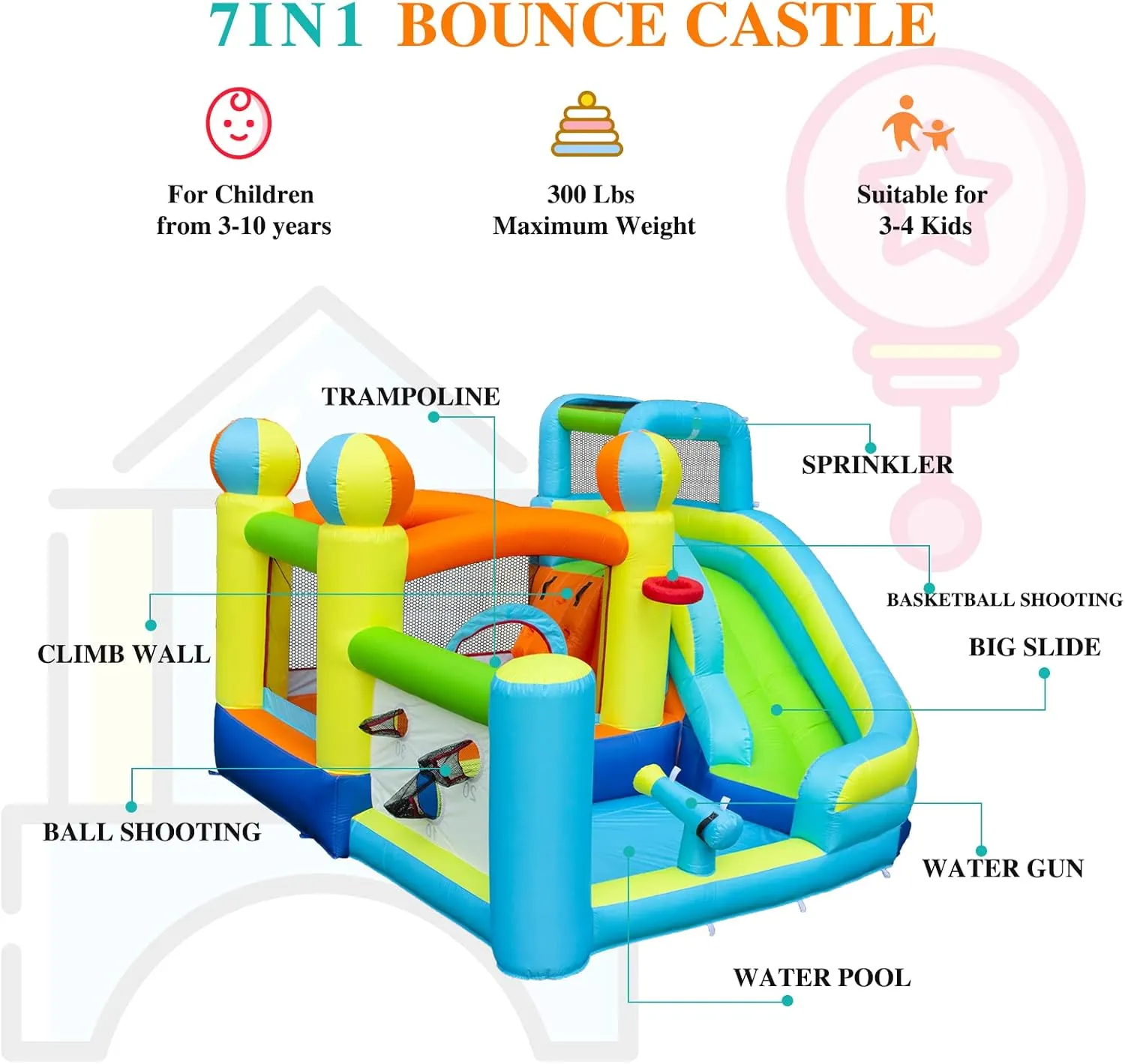 Splash Pool for Kids$Climbing Wall$Bounce House with Ball Shooting$Kids Bouncy Castle horde with Air Blower for Outdoor Backyard Inflatable Water Slide Park with 