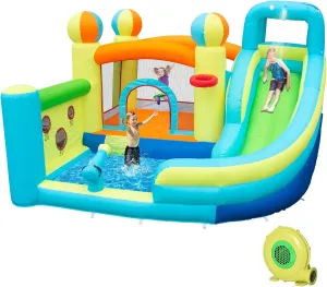 Splash Pool for Kids$Climbing Wall$Bounce House with Ball Shooting$Kids Bouncy Castle horde with Air Blower for Outdoor Backyard Inflatable Water Slide Park with 