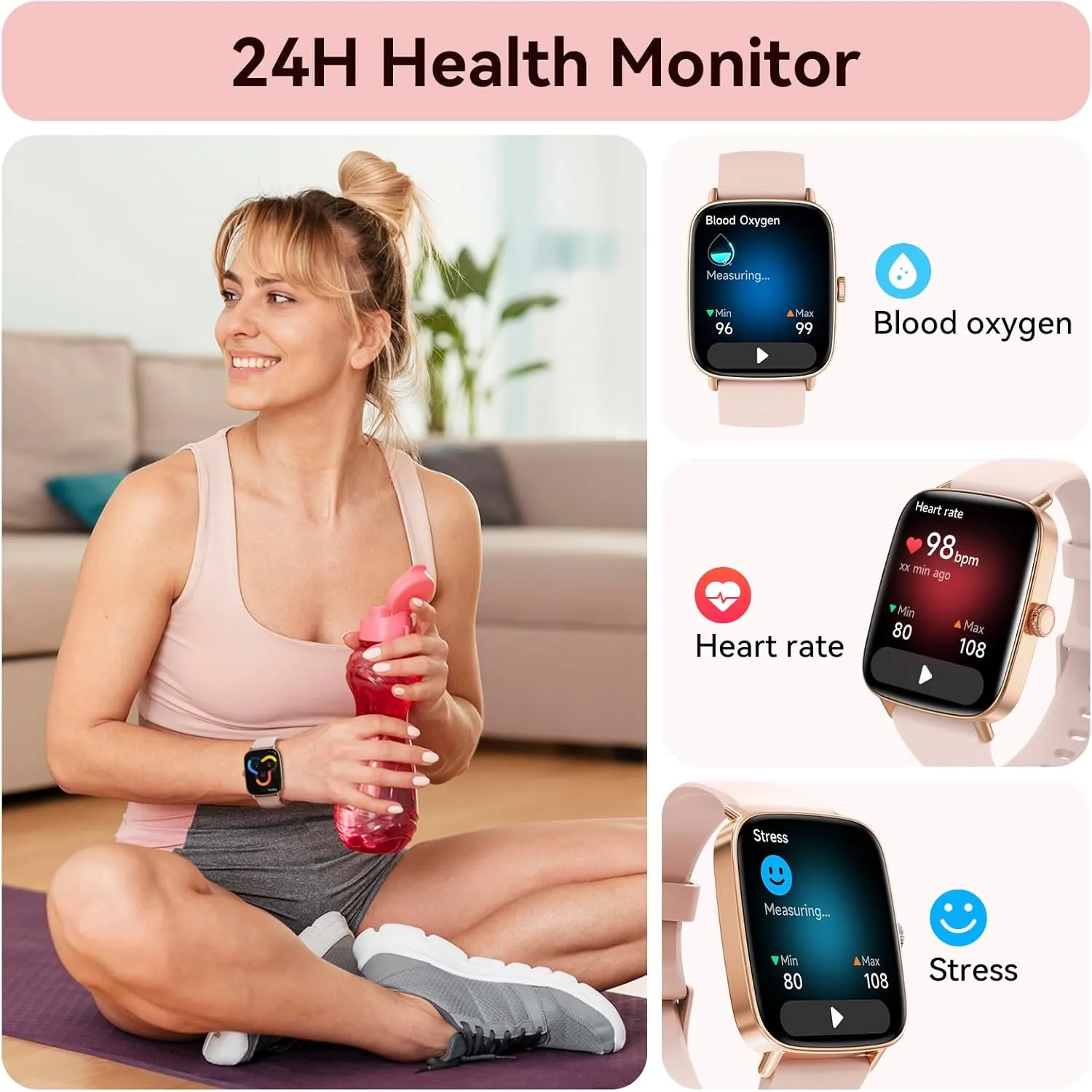 Sport Modes (2 additional fluid Bands) Tensky Smart Watch for Women Android & iPhone, 1.85" Touch Screen Fitness Tracker with Answer/Make Call, IP68 Waterproof 24/7 Health/Sleep Monitor, Pedometer, 100  