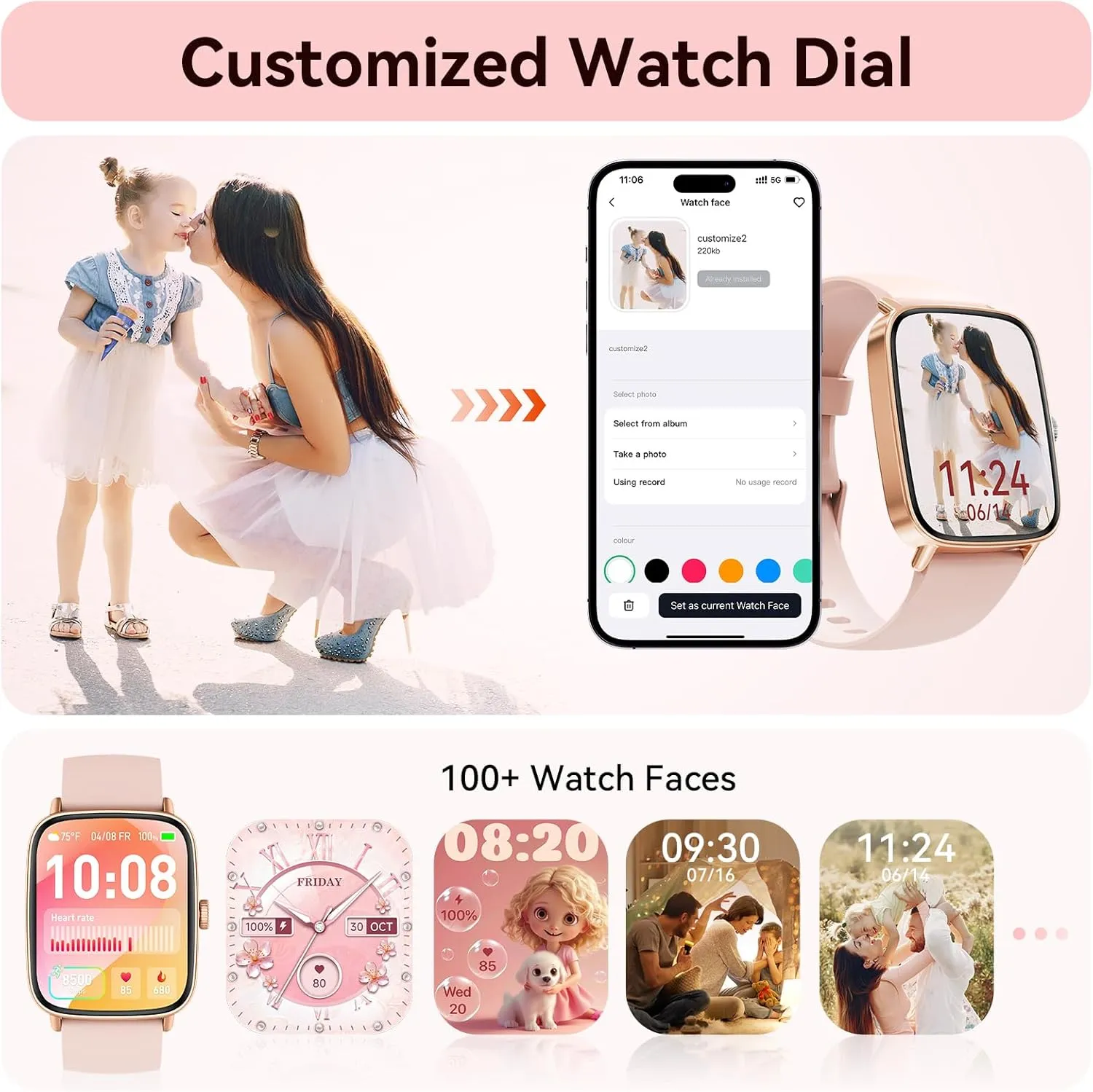 Sport Modes (2 additional fluid Bands) Tensky Smart Watch for Women Android & iPhone, 1.85" Touch Screen Fitness Tracker with Answer/Make Call, IP68 Waterproof 24/7 Health/Sleep Monitor, Pedometer, 100  