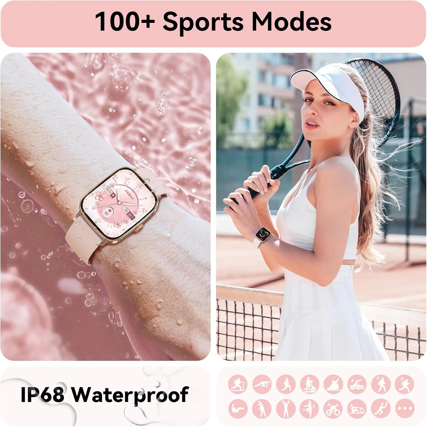 Sport Modes (2 additional fluid Bands) Tensky Smart Watch for Women Android & iPhone, 1.85" Touch Screen Fitness Tracker with Answer/Make Call, IP68 Waterproof 24/7 Health/Sleep Monitor, Pedometer, 100  