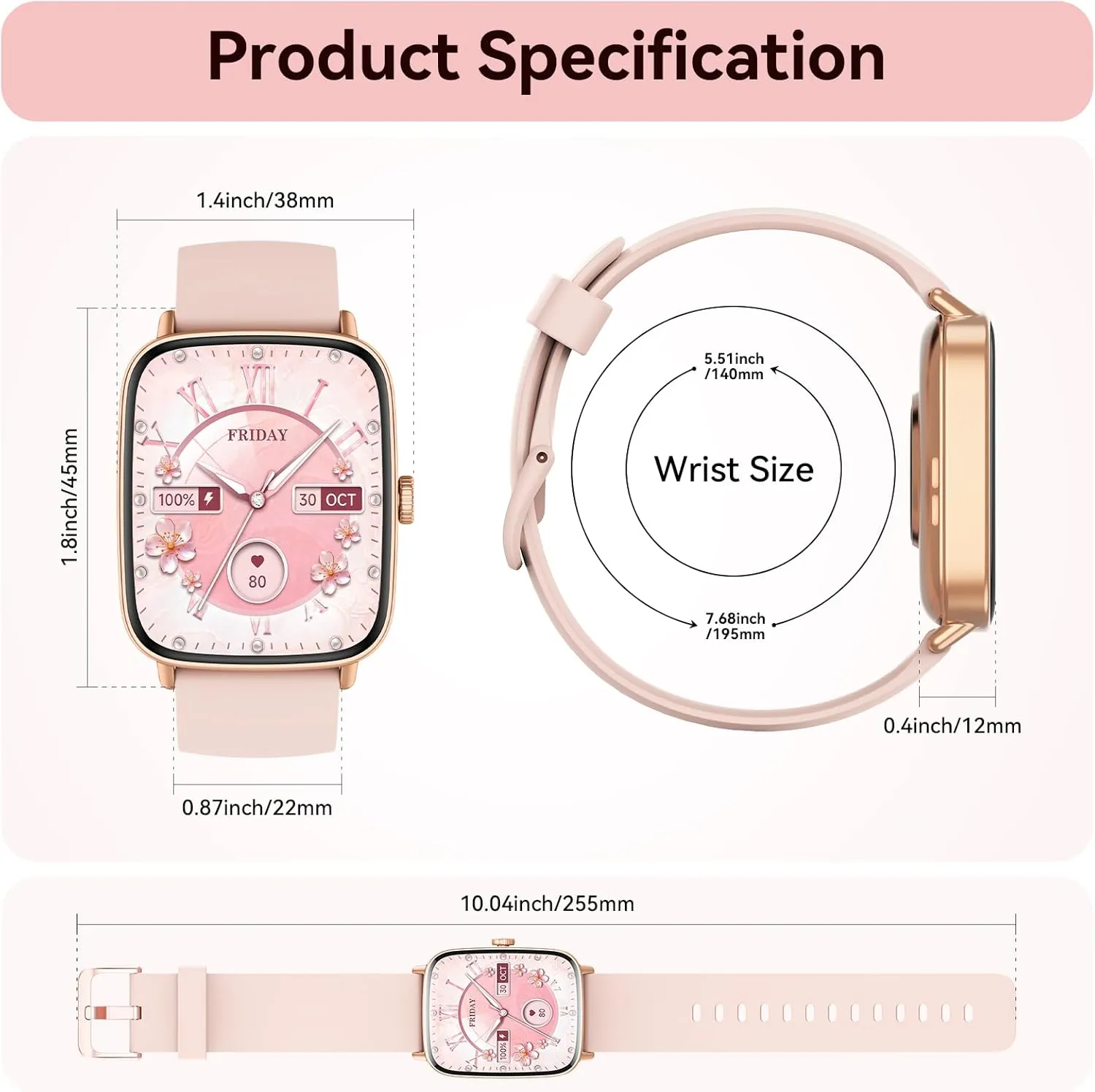 Sport Modes (2 additional fluid Bands) Tensky Smart Watch for Women Android & iPhone, 1.85" Touch Screen Fitness Tracker with Answer/Make Call, IP68 Waterproof 24/7 Health/Sleep Monitor, Pedometer, 100  