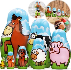 Stacking Items AEVVV Farm Animals Set 7 pcs Wood Nesting Dolls - educable problematic put labyrinth secrete Pet Figurine Set Wooden Matryoshka 