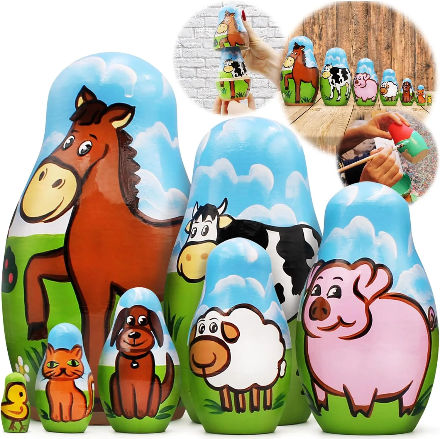 Stacking Items AEVVV Farm Animals Set 7 pcs Wood Nesting Dolls - educable problematic put labyrinth secrete Pet Figurine Set Wooden Matryoshka 