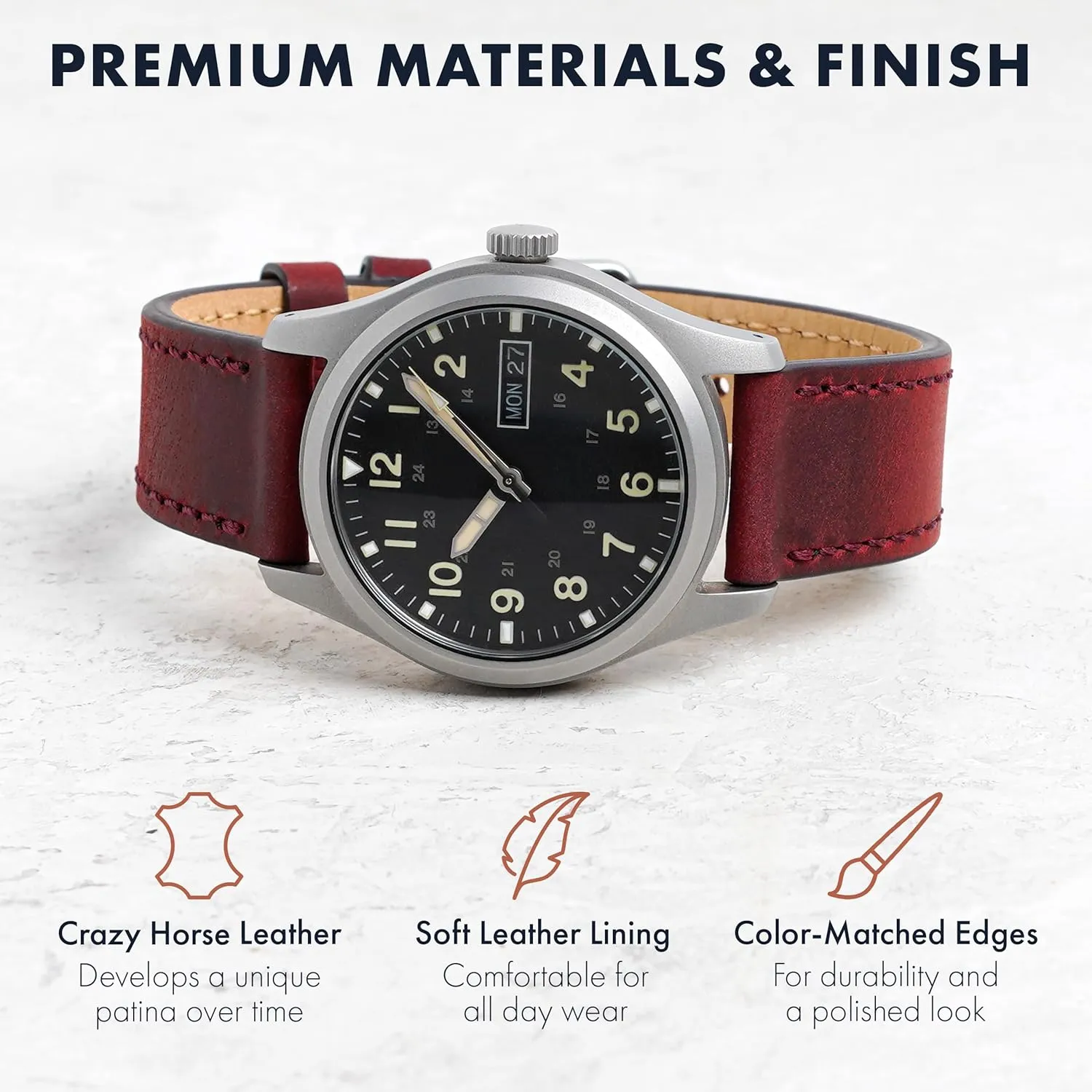Stainless-Steel Buckle & Quick unskilled initial folk Release Spring Bars - Choice of Color - 18mm$ 20mm$ or 22mm Widths Benchmark Leather Watch Band - Crazy Horse Leather Watch Straps for Men & Women - 