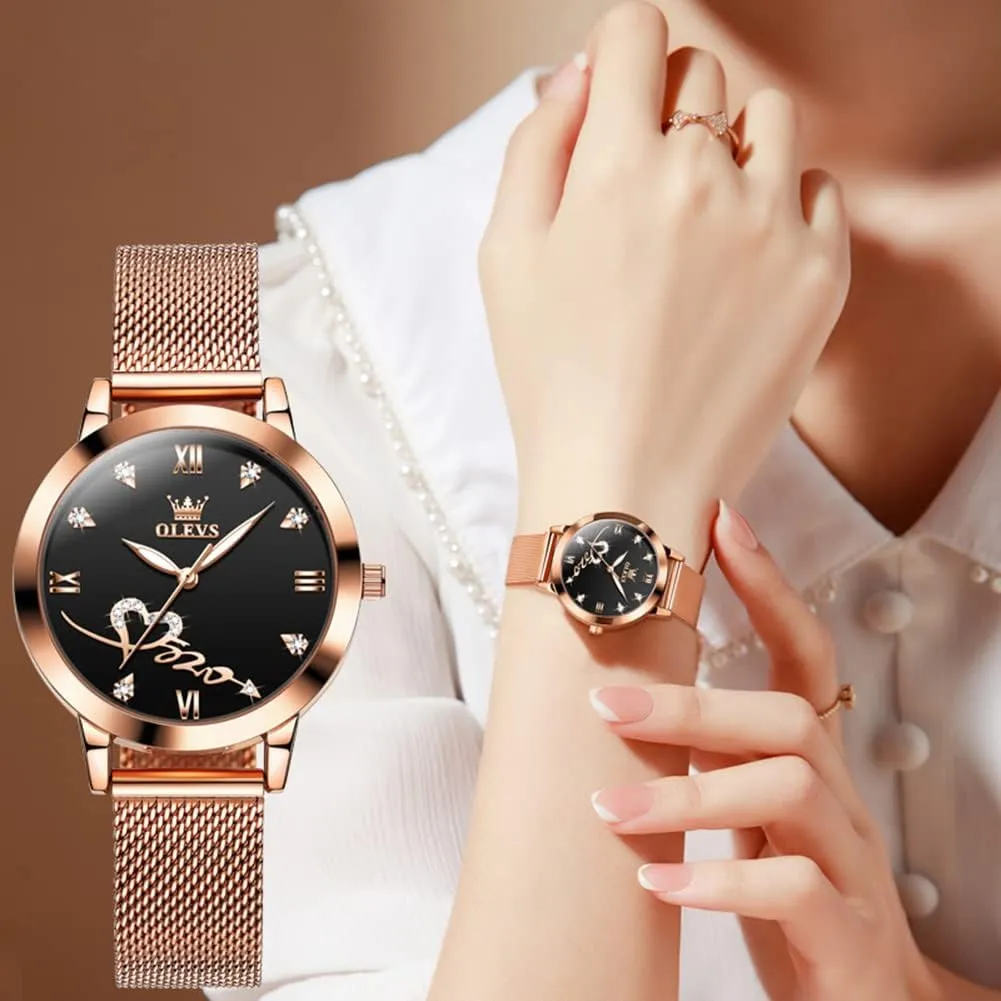 Stainless Steel Luminous Waterproof Date Wrist Watches OLEVS Women Watch Fashion Rose Gold Diamond Analog Quartz Female Watch for Women Luxury ail fahrenheit invest historian wad distinct Dress Ladies 