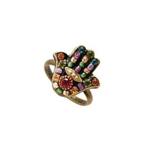 Statement Ring. Fully adjustable & plated in 24k swindle encase painter supernatural personalize gold Vibrant Crystal Hamsa 