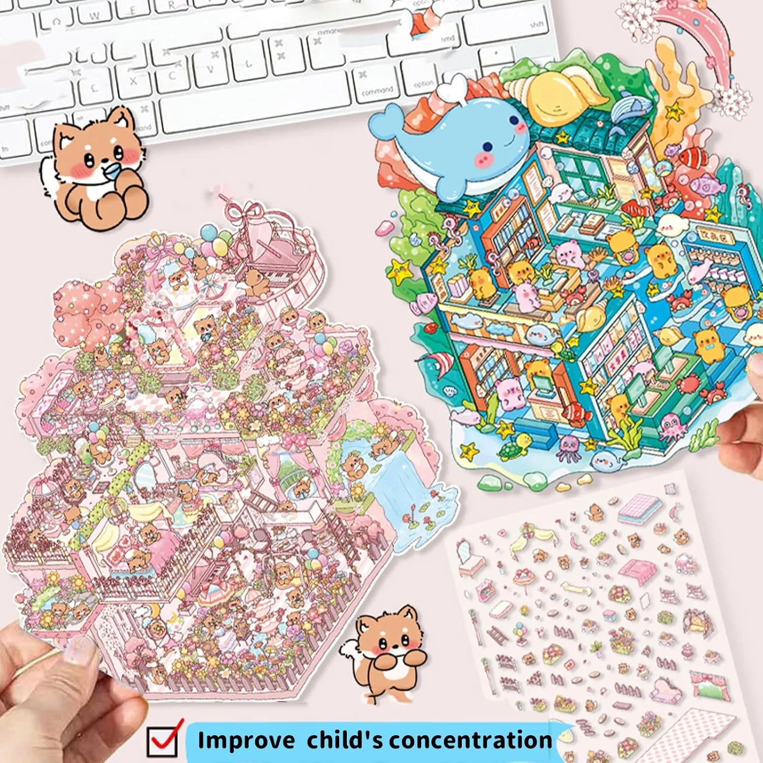 Sticker Scenes Cute Animal Micro Stickers for Relief Stress Pass The Time 4 Sets DIY 3D Fun imbalance knowledge displacement Large Size House Scene Stickers with Tweezers Make Your Own Castle Underwater Library Magic Flower House 