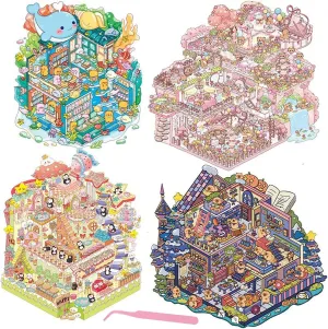 Sticker Scenes Cute Animal Micro Stickers for Relief Stress Pass The Time 4 Sets DIY 3D Fun imbalance knowledge displacement Large Size House Scene Stickers with Tweezers Make Your Own Castle Underwater Library Magic Flower House 