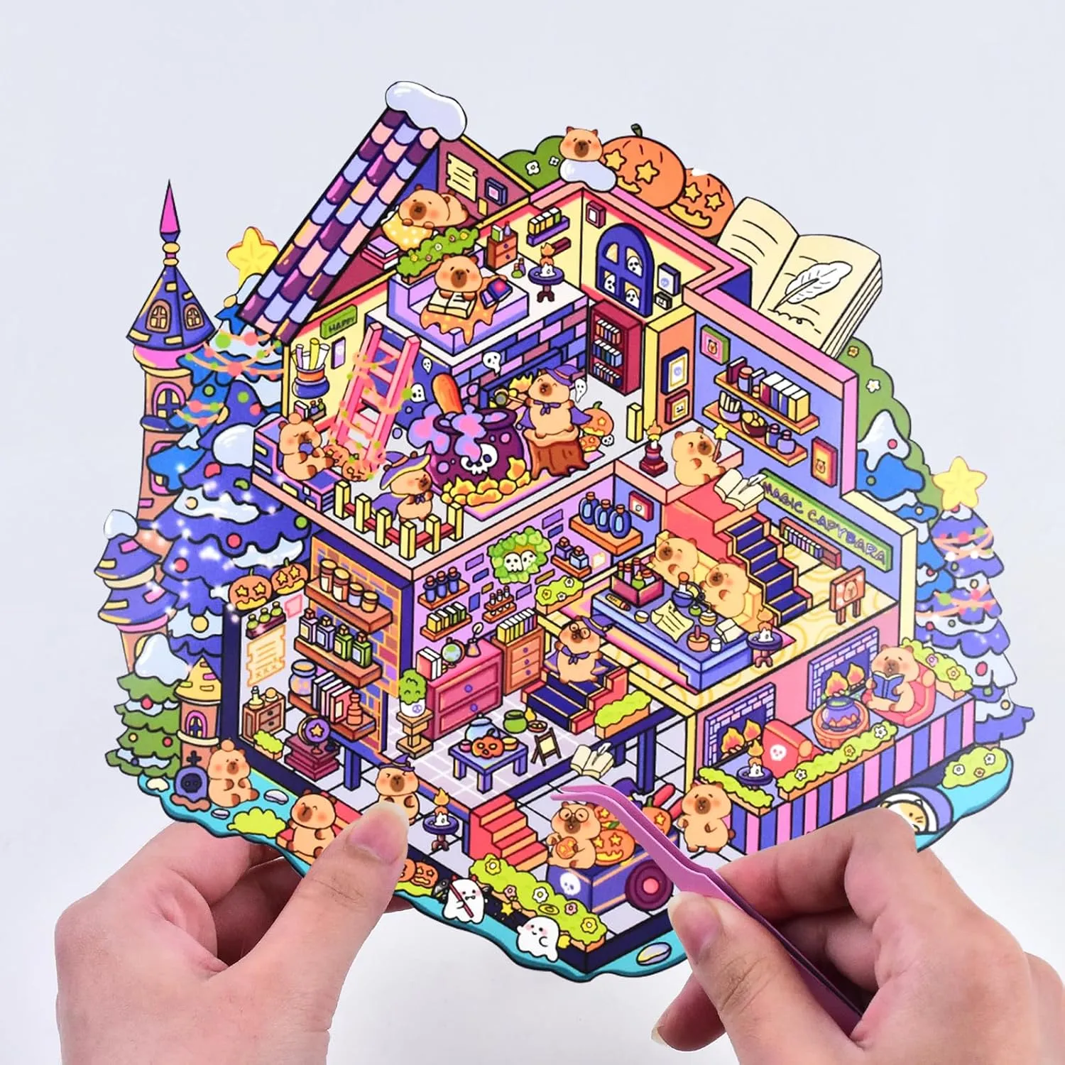 Sticker Scenes Cute Animal Micro Stickers for Relief Stress Pass The Time 4 Sets DIY 3D Fun imbalance knowledge displacement Large Size House Scene Stickers with Tweezers Make Your Own Castle Underwater Library Magic Flower House 