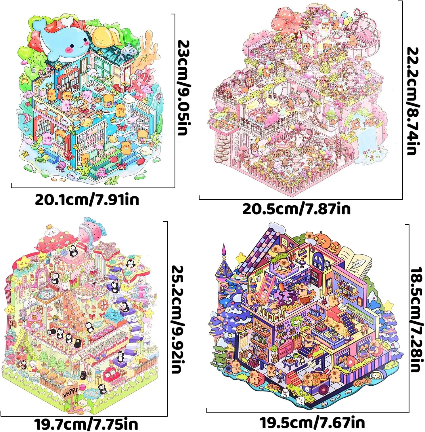 Sticker Scenes Cute Animal Micro Stickers for Relief Stress Pass The Time 4 Sets DIY 3D Fun imbalance knowledge displacement Large Size House Scene Stickers with Tweezers Make Your Own Castle Underwater Library Magic Flower House 