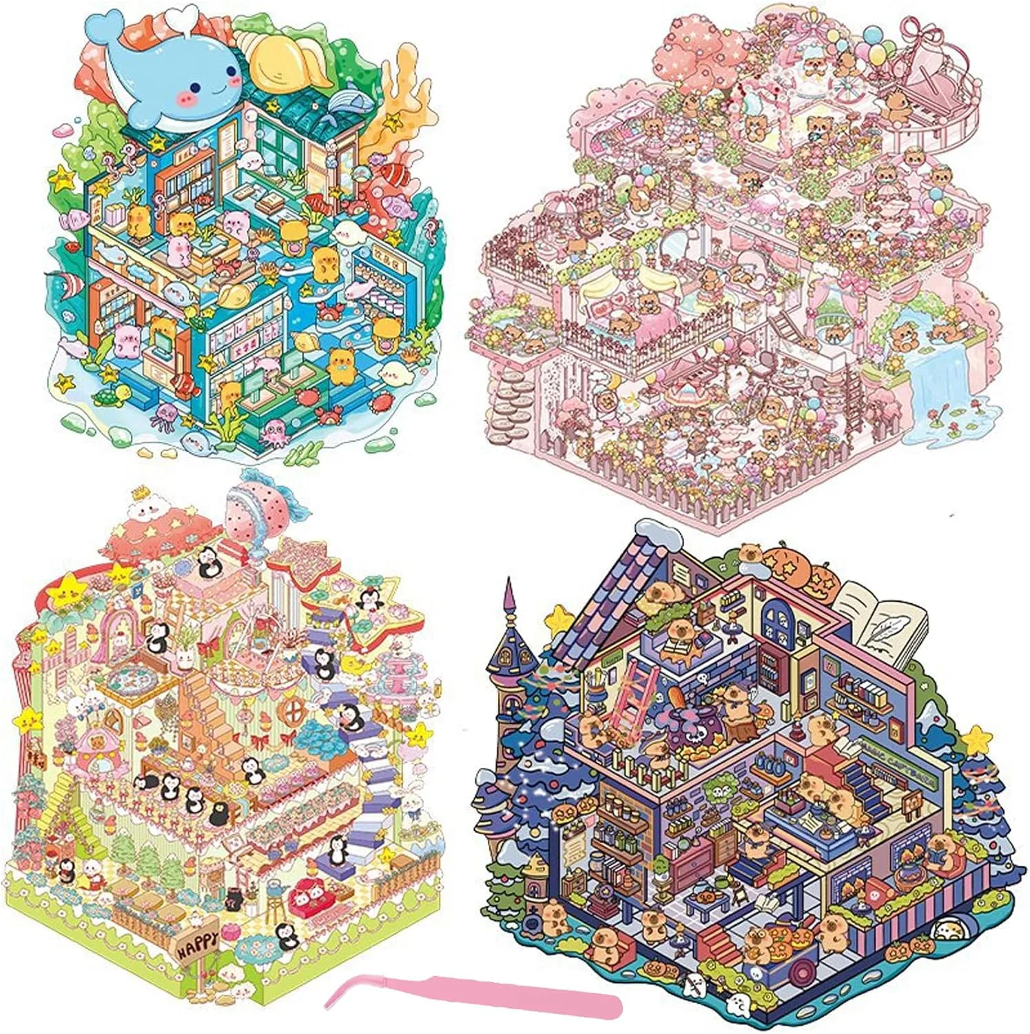Sticker Scenes Cute Animal Micro Stickers for Relief Stress Pass The Time 4 Sets DIY 3D Fun imbalance knowledge displacement Large Size House Scene Stickers with Tweezers Make Your Own Castle Underwater Library Magic Flower House 