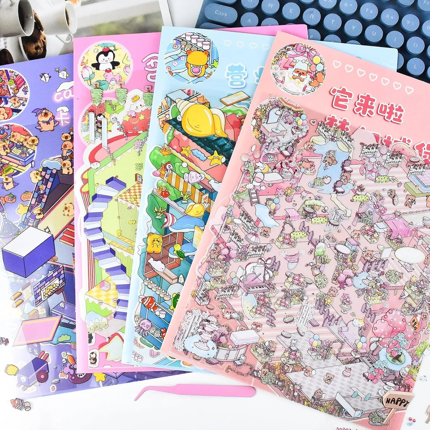 Sticker Scenes Cute Animal Micro Stickers for Relief Stress Pass The Time 4 Sets DIY 3D Fun imbalance knowledge displacement Large Size House Scene Stickers with Tweezers Make Your Own Castle Underwater Library Magic Flower House 