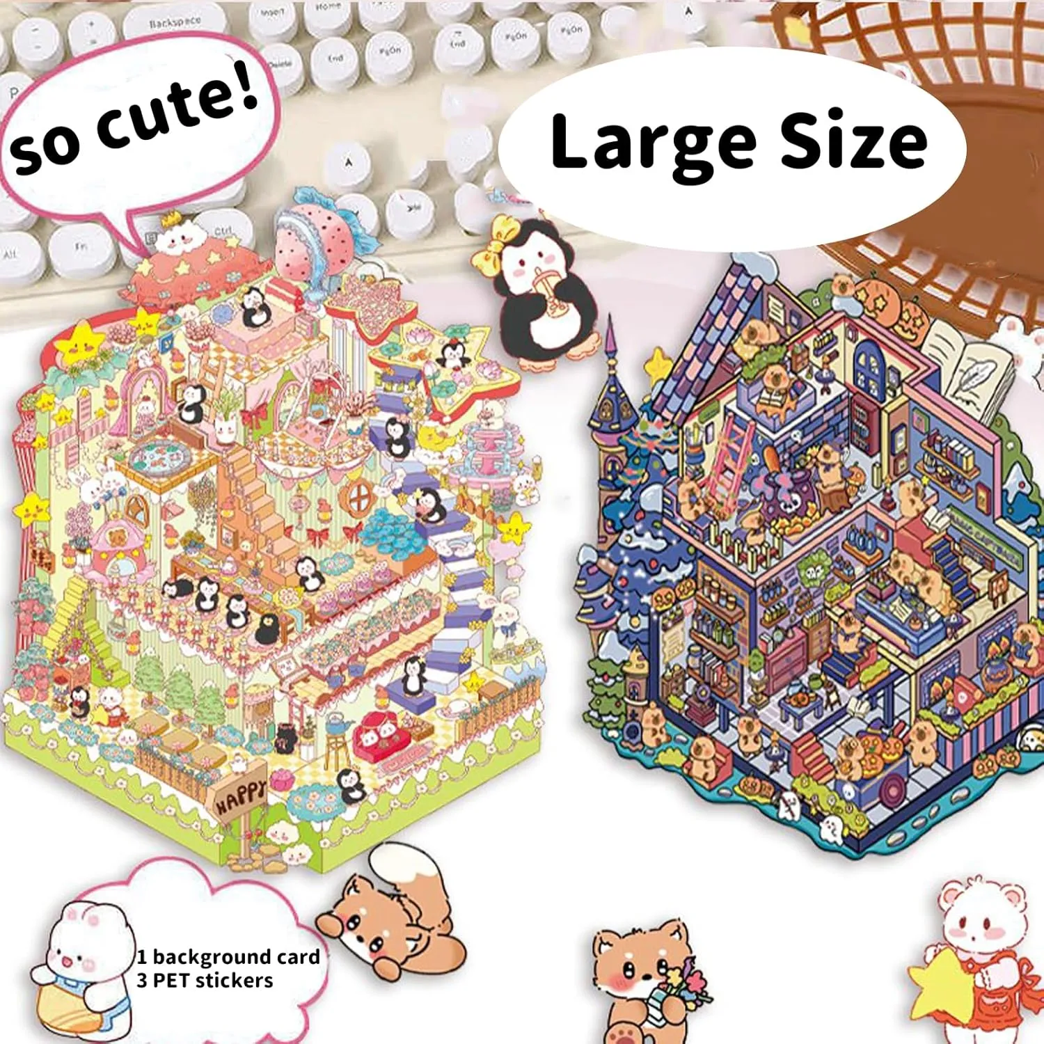 Sticker Scenes Cute Animal Micro Stickers for Relief Stress Pass The Time 4 Sets DIY 3D Fun imbalance knowledge displacement Large Size House Scene Stickers with Tweezers Make Your Own Castle Underwater Library Magic Flower House 