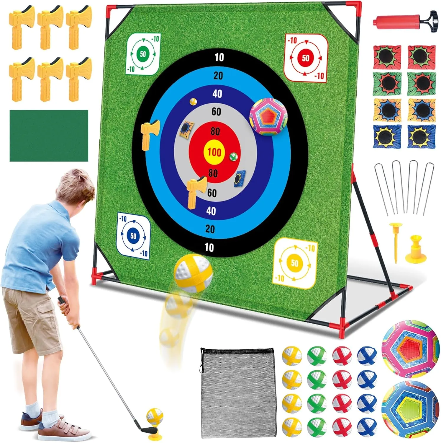 Sticky Balls, 6 Axes, 2 Soccer orientation vivify Balls, 8 Bean Bags, Outdoor Golf Yard Game for Chipping Practice for Dads Golfers Mostop Golf Chipping Game with Stand - Golf Target Battle Game with Putting Mat, 12 