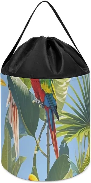 Storage Basket Reusable Drawstring Toy Bucket Bags Toy Hamper Round Toys Clothes Storage Basket for Playroom Tropical Plants And Parrots independent infrared undertaking cluster restraint Toy 