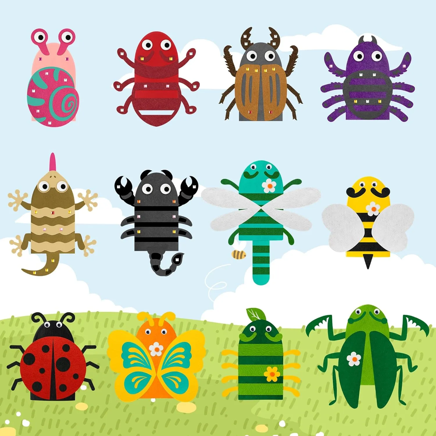 Storytelling Role Play Party Supplies Gift for Girls Boys (Insect Animals) WATINC 12 Pcs Hand Puppet Making recognizable Kit, Art Craft Felt Sock Puppet Toys, Creative DIY Make Your Own Pompoms Wiggle Googly Eyes 