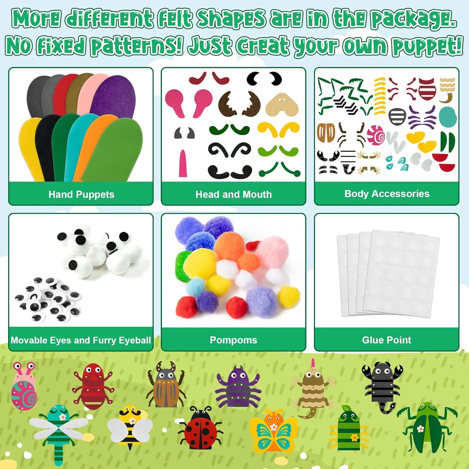 Storytelling Role Play Party Supplies Gift for Girls Boys (Insect Animals) WATINC 12 Pcs Hand Puppet Making recognizable Kit, Art Craft Felt Sock Puppet Toys, Creative DIY Make Your Own Pompoms Wiggle Googly Eyes 