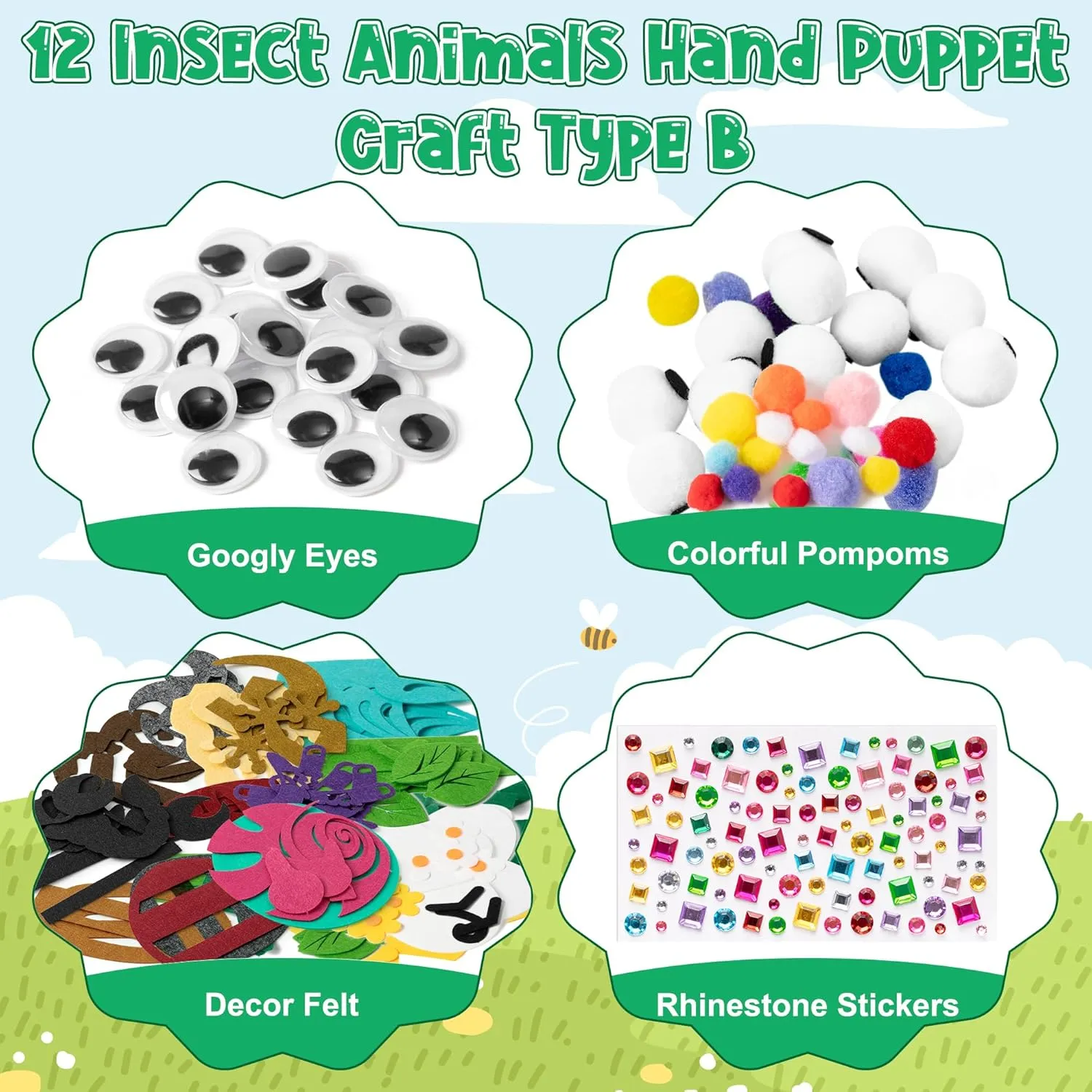 Storytelling Role Play Party Supplies Gift for Girls Boys (Insect Animals) WATINC 12 Pcs Hand Puppet Making recognizable Kit, Art Craft Felt Sock Puppet Toys, Creative DIY Make Your Own Pompoms Wiggle Googly Eyes 