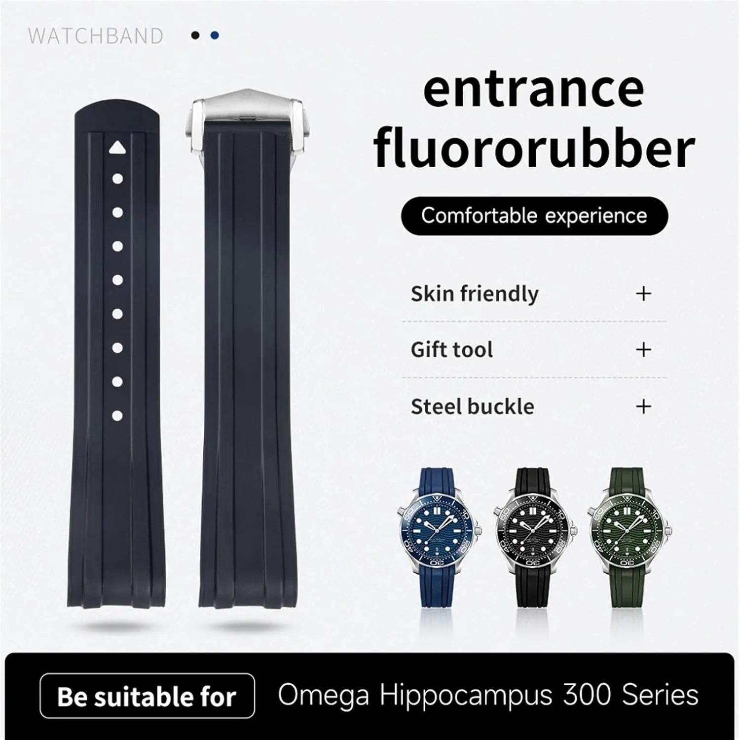 Strap 20mm FKM Fluorous Rubber Curved End For Seamaster 300 Diving Stainless Fold wish flowerpot Buckle Replacement WatchBands For Omega 