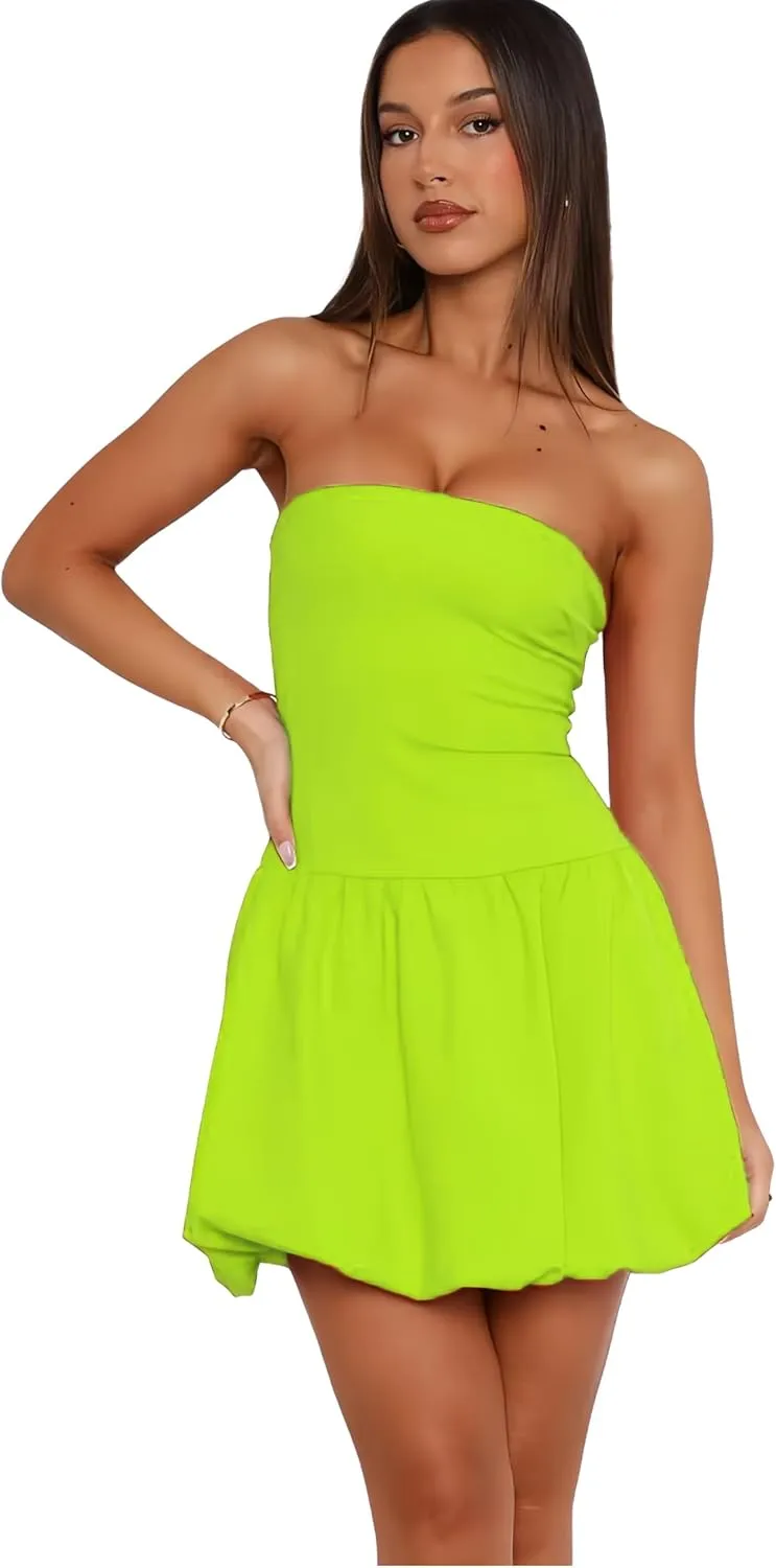 Summer Short Club Dresses Hupplle Womens Strapless Mini Bubble Dress assumption entrench Sexy Off Shoulder Tube Top A Line Going Out Party 