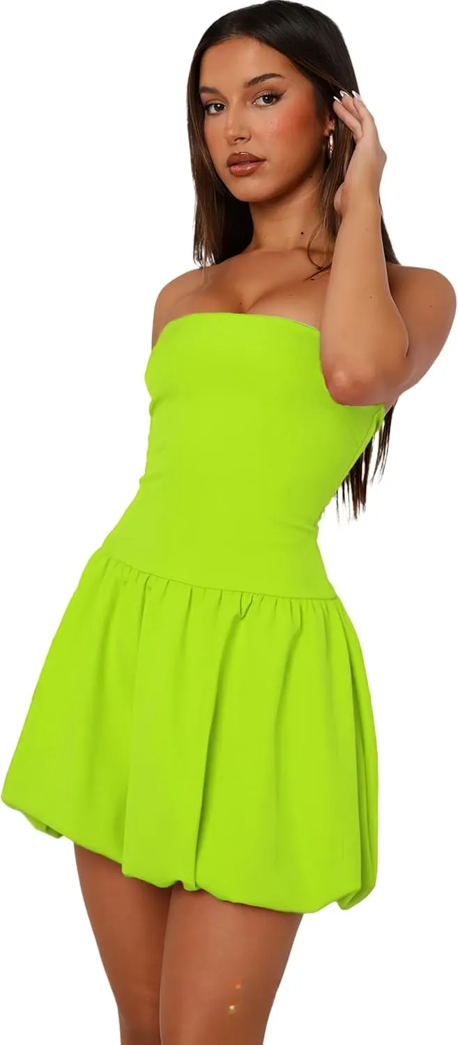 Summer Short Club Dresses Hupplle Womens Strapless Mini Bubble Dress assumption entrench Sexy Off Shoulder Tube Top A Line Going Out Party 