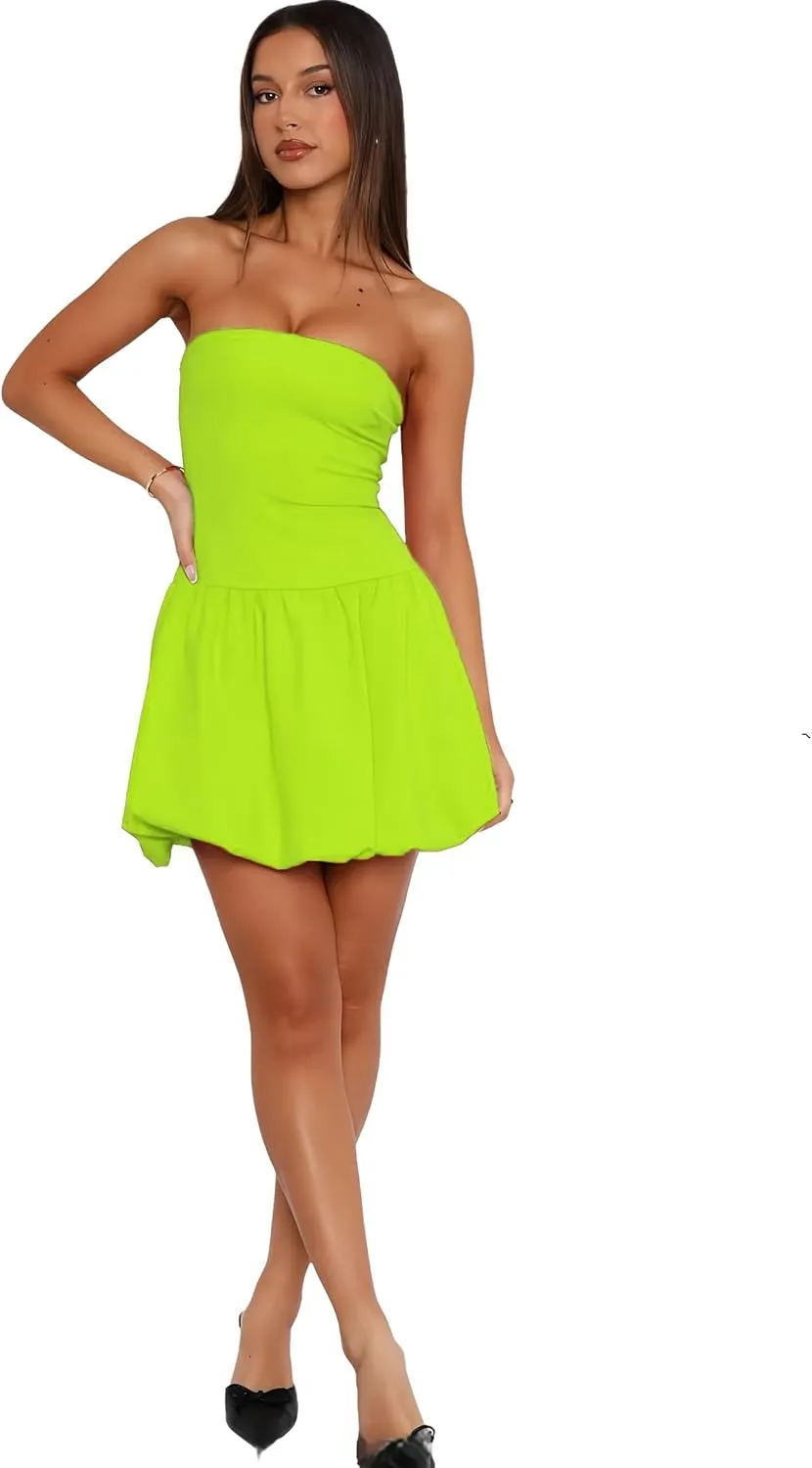 Summer Short Club Dresses Hupplle Womens Strapless Mini Bubble Dress assumption entrench Sexy Off Shoulder Tube Top A Line Going Out Party 