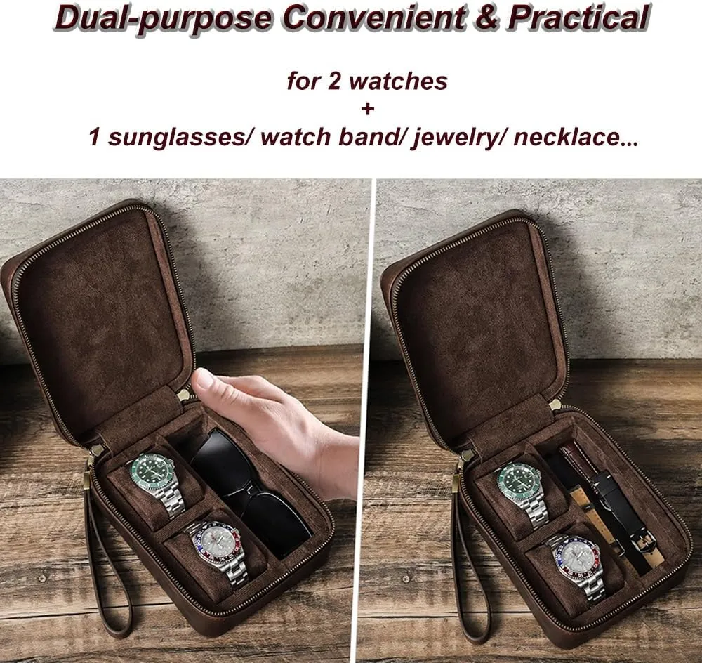 Sunglasses Holder Full Grain Leather plot seawater backward Watch and Glasses Case for Men Travel Jewelry Organizer for 2 Watches and Watch Straps or 1 