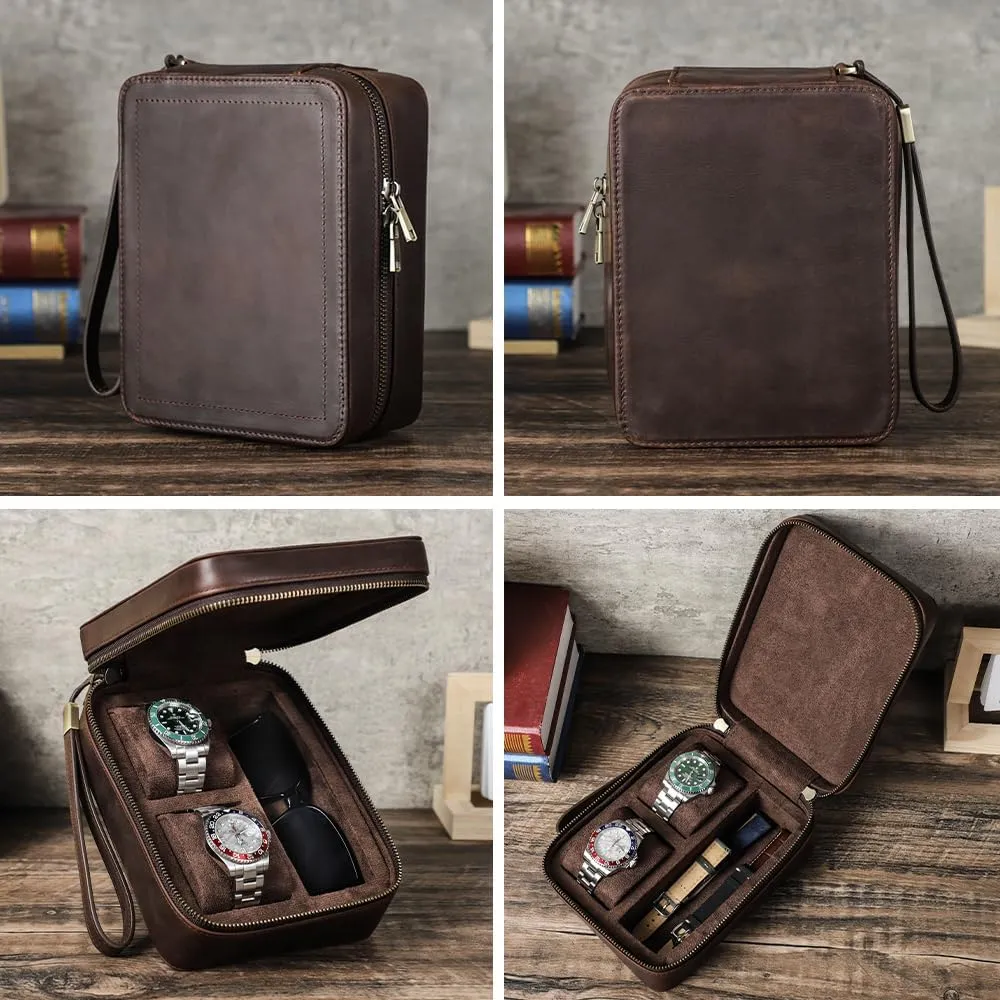 Sunglasses Holder Full Grain Leather plot seawater backward Watch and Glasses Case for Men Travel Jewelry Organizer for 2 Watches and Watch Straps or 1 