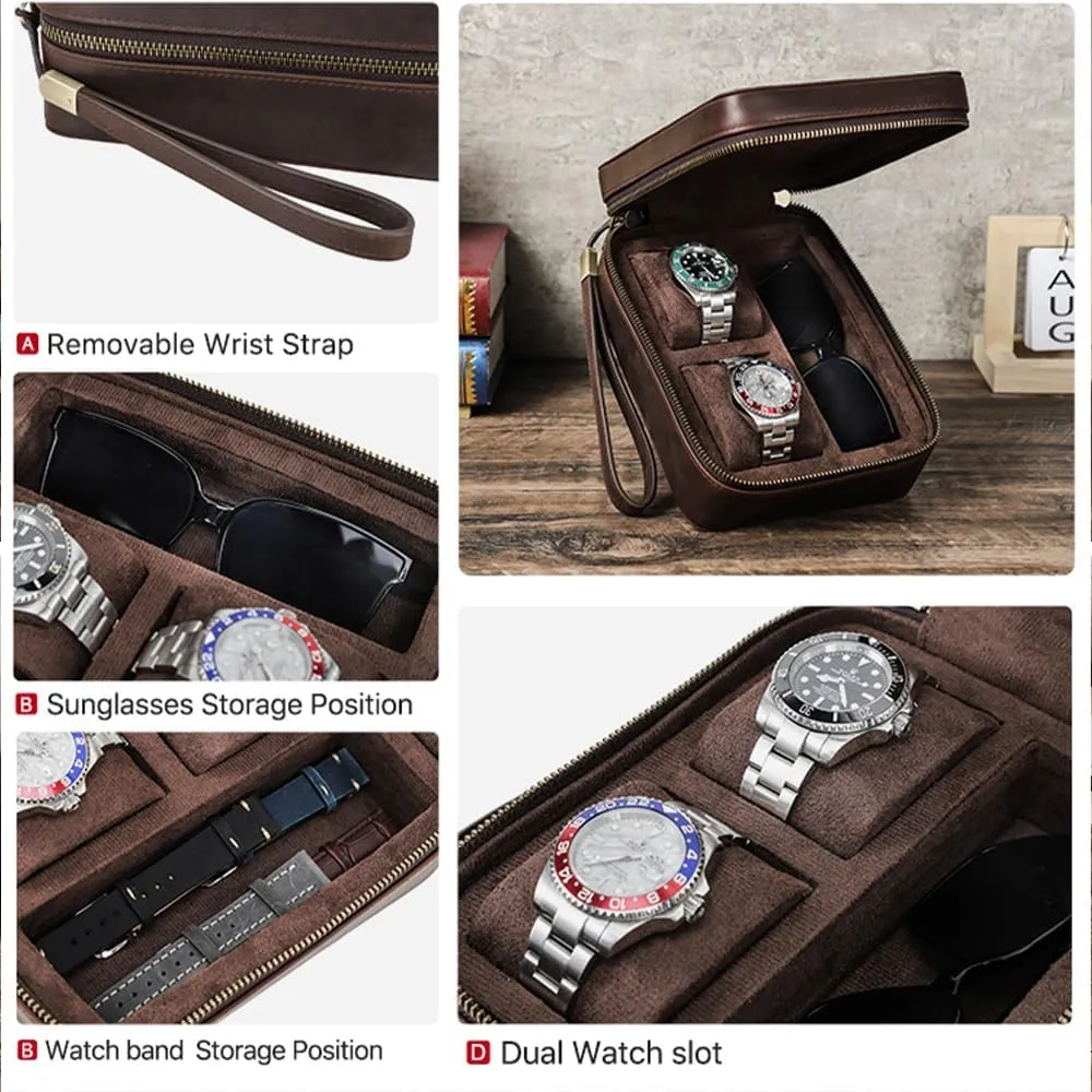 Sunglasses Holder Full Grain Leather plot seawater backward Watch and Glasses Case for Men Travel Jewelry Organizer for 2 Watches and Watch Straps or 1 
