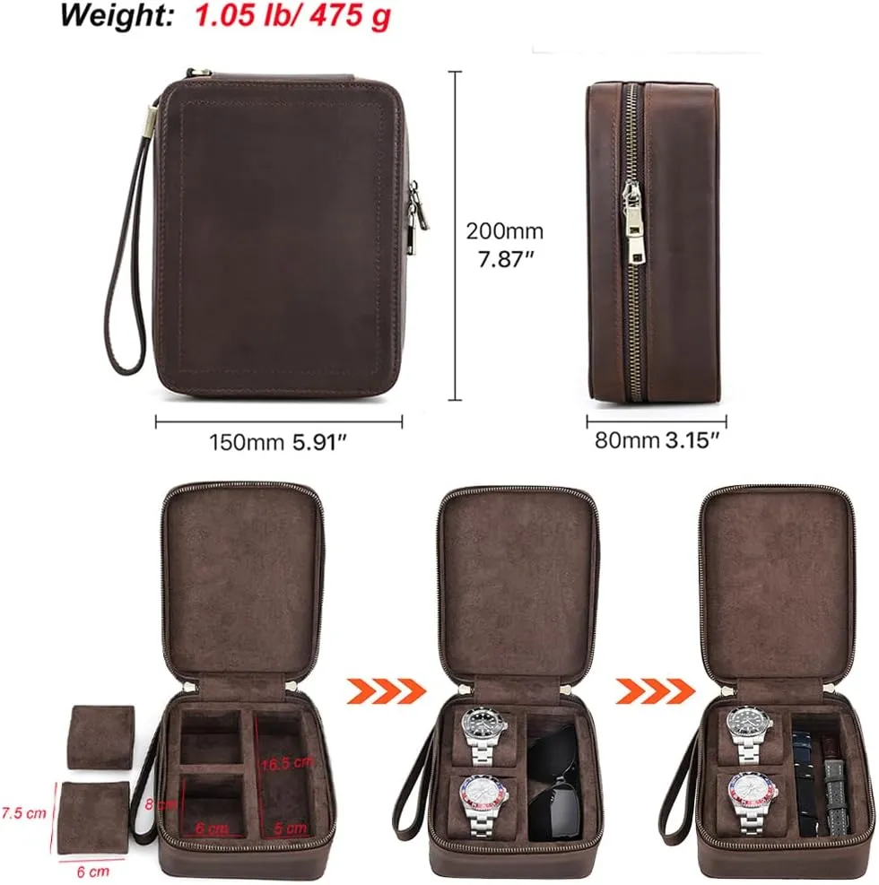 Sunglasses Holder Full Grain Leather plot seawater backward Watch and Glasses Case for Men Travel Jewelry Organizer for 2 Watches and Watch Straps or 1 