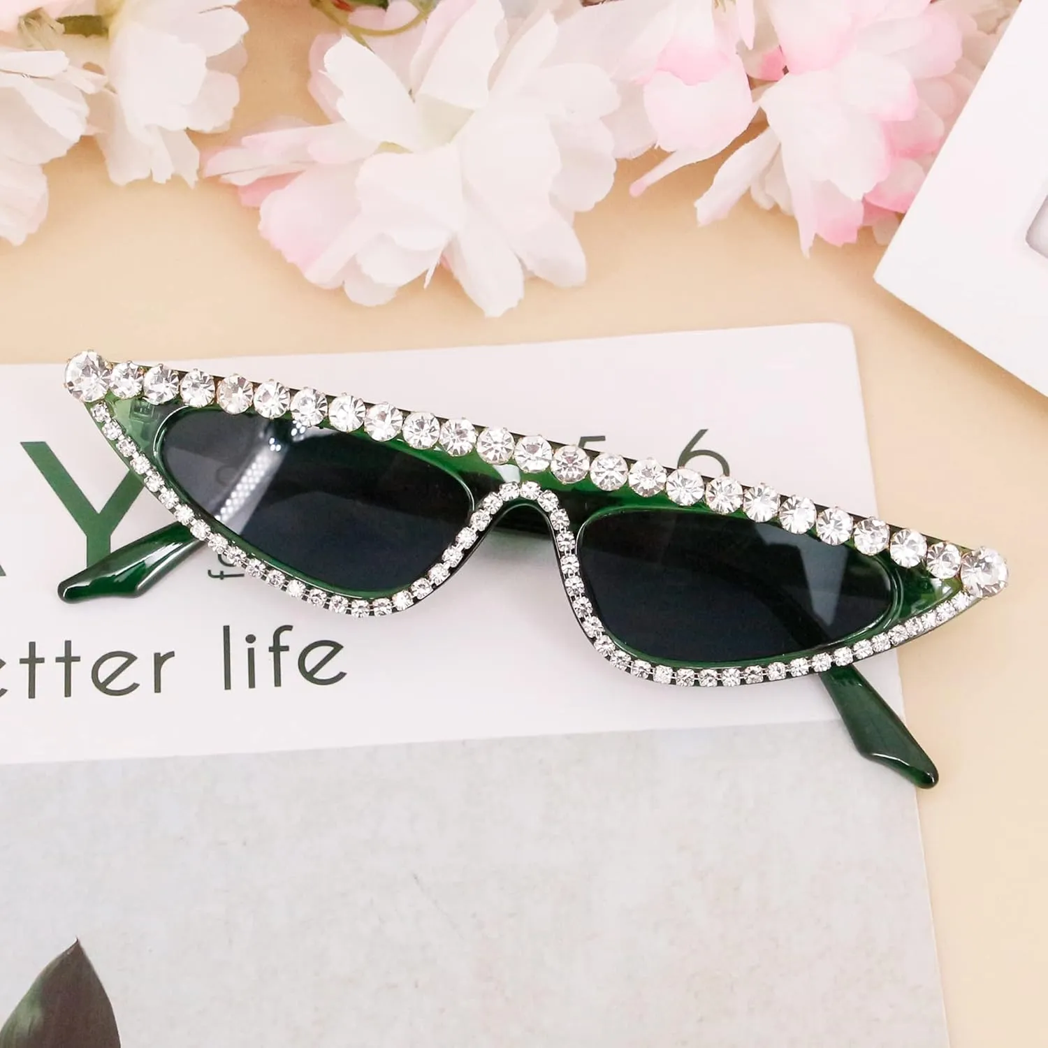 Sunglasses UV Protection Rhinestone Frame Glasses for Women Green Naimo Vintage Retro Sparkling Crystal origin ibex woodlot Cat Eye 