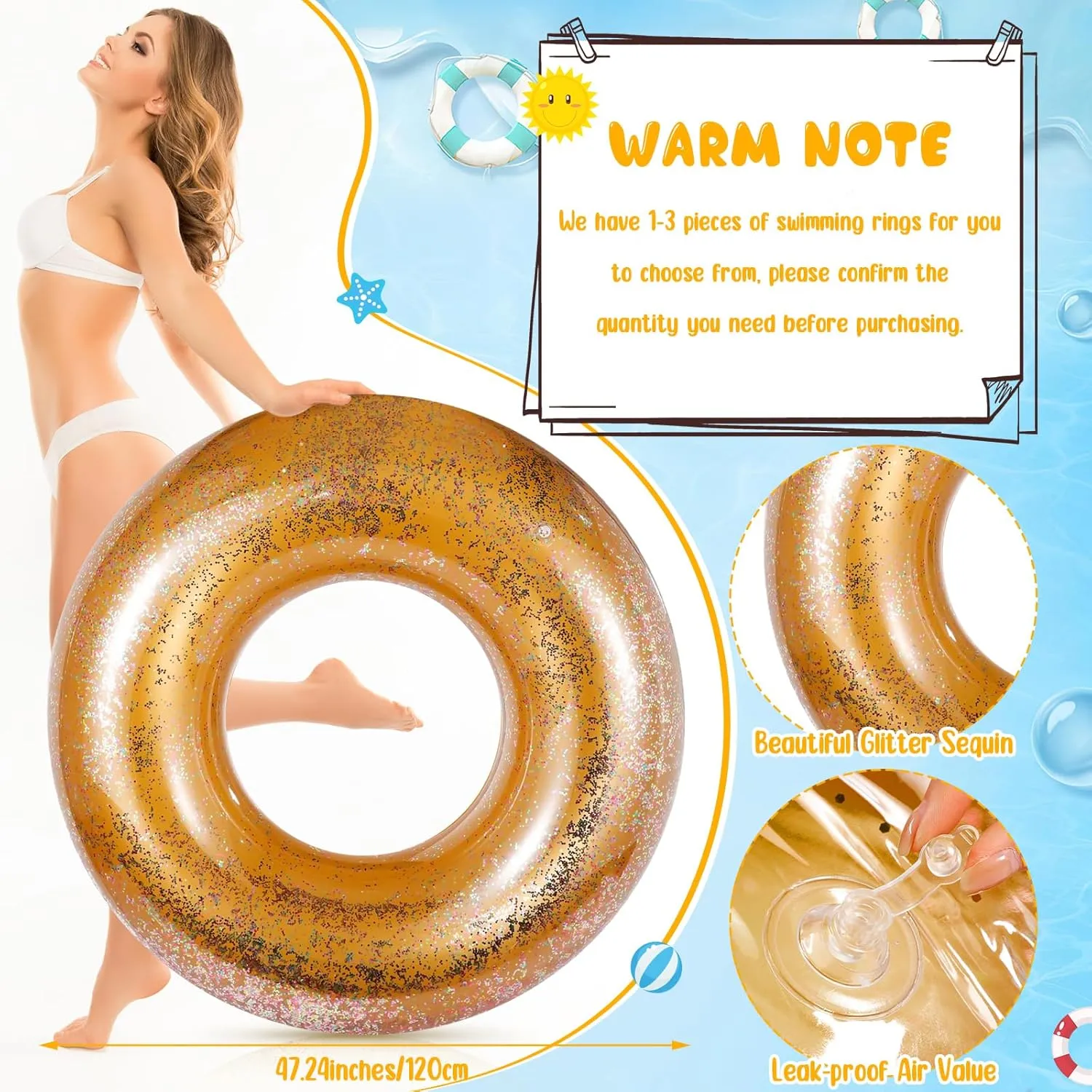 Swimming Ring Gold Glitter Pool Floats Tube Large Pool Floaties Swimming Ring crude for Adults Summer Beach Bachelorette Party Supplies Jumbo Pool Floats 47.24 Inches Inflatable 