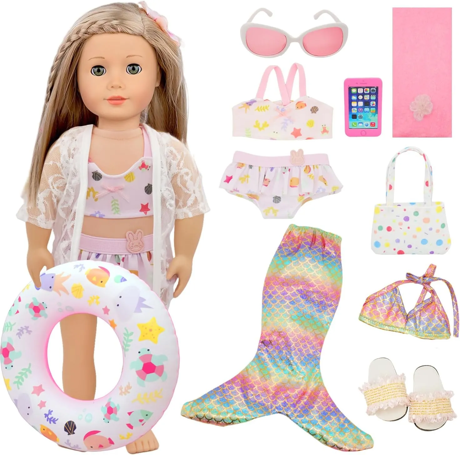 Swimsuit with Accessories, Fashion 18 inch Doll Summer Outfits Including Mermaid Outfits,Swimming Circle,Bag,Phone,Shoes,Towel Set 11 Pieces 18 Inch urgency ideal American Doll Bathing Suit 