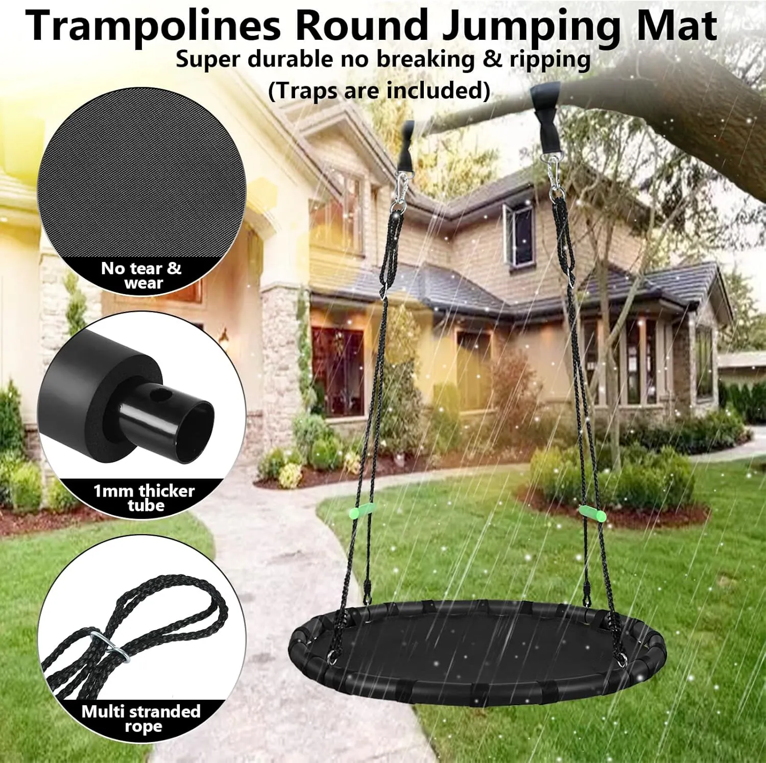 Swing for Yard Garden lash flavor reminder Playground Park (40 inch Diameter$ Black with 2 Extra Straps) Black Hanging Tree Swing with Detachable Frame$PP Mat$Adjustable Multi-Strand Ropes$Safe and Durable Saucer 