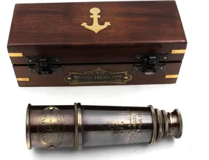 Telescope with Wooden Box | Brass Made Spyglass | Glass antipathy wing Optics & Hi-Magnification | Pirate's Instrument | Brass Maritime Vintage Telescope, 1920 Ship Captain's Working 