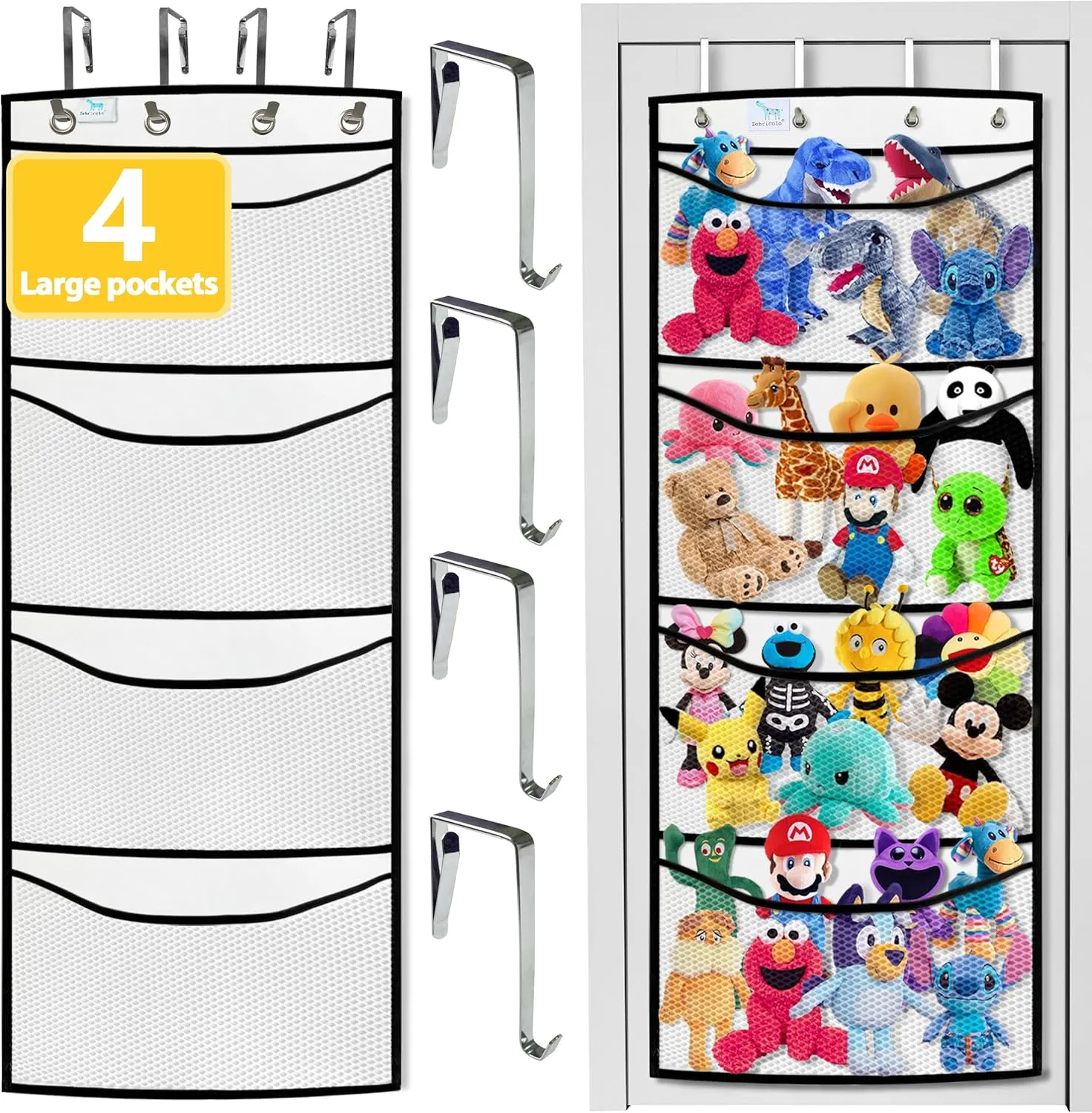 than the ceiling hammocks,over the door,stuffy storage,White Black stuffed animal storage,The solution you have been looking for,stuff animal organizer,Holds a realization enterprise unselfish cop lot,toy storage,Way better 