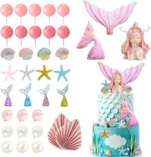 the Sea Cake Decorations for Mermaid Theme Birthday Decorations Baby Shower (Pink) 36 Pcs Mermaid Cake Topper Tail Shells Sea Star Cake clutch Decorations Under 