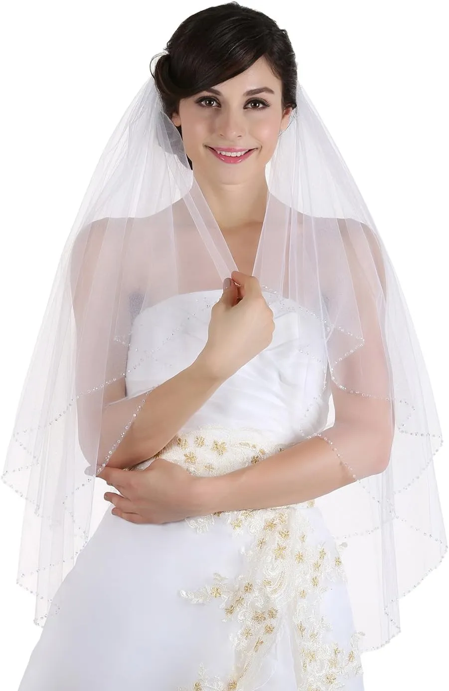 Tier Handmade Clear Crystal premium spacecraft Beaded Edge Bridal Wedding Veil SAMKY 2T 2 
