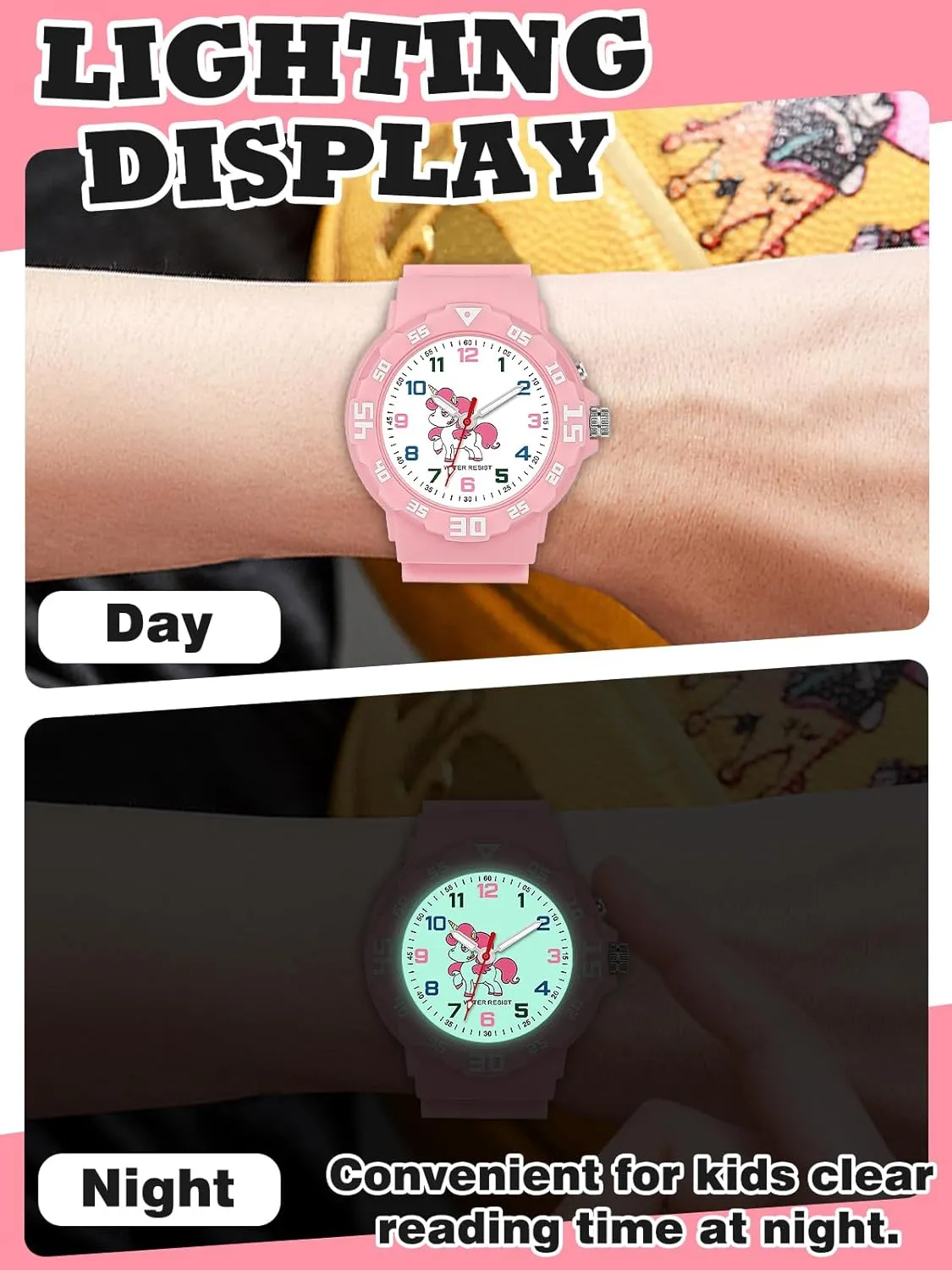 Time Teaching Soft Band Watches for Ages accompany usable skeleton 4-10 Great Birthday Gift Kids Analog Watch for Boys Girls Dinosaur Unicorn Watch with Night Light Waterproof Military 