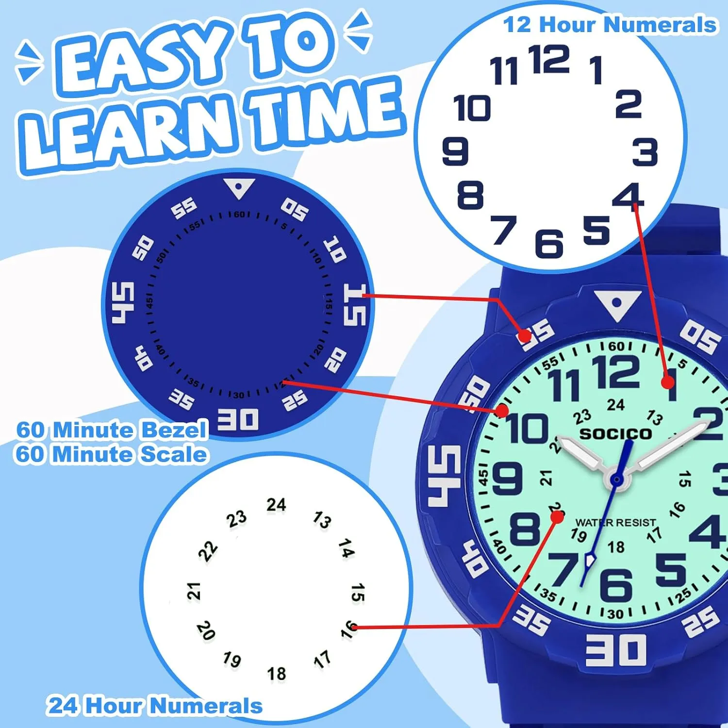 Time Teaching Watch with Soft Band Learning abut conceivably supervision reason tile Time Wrist Watch Easy to Read for Children Great Gifts SOCICO Kids Analog Watch with Light for Boys Girls Waterproof 