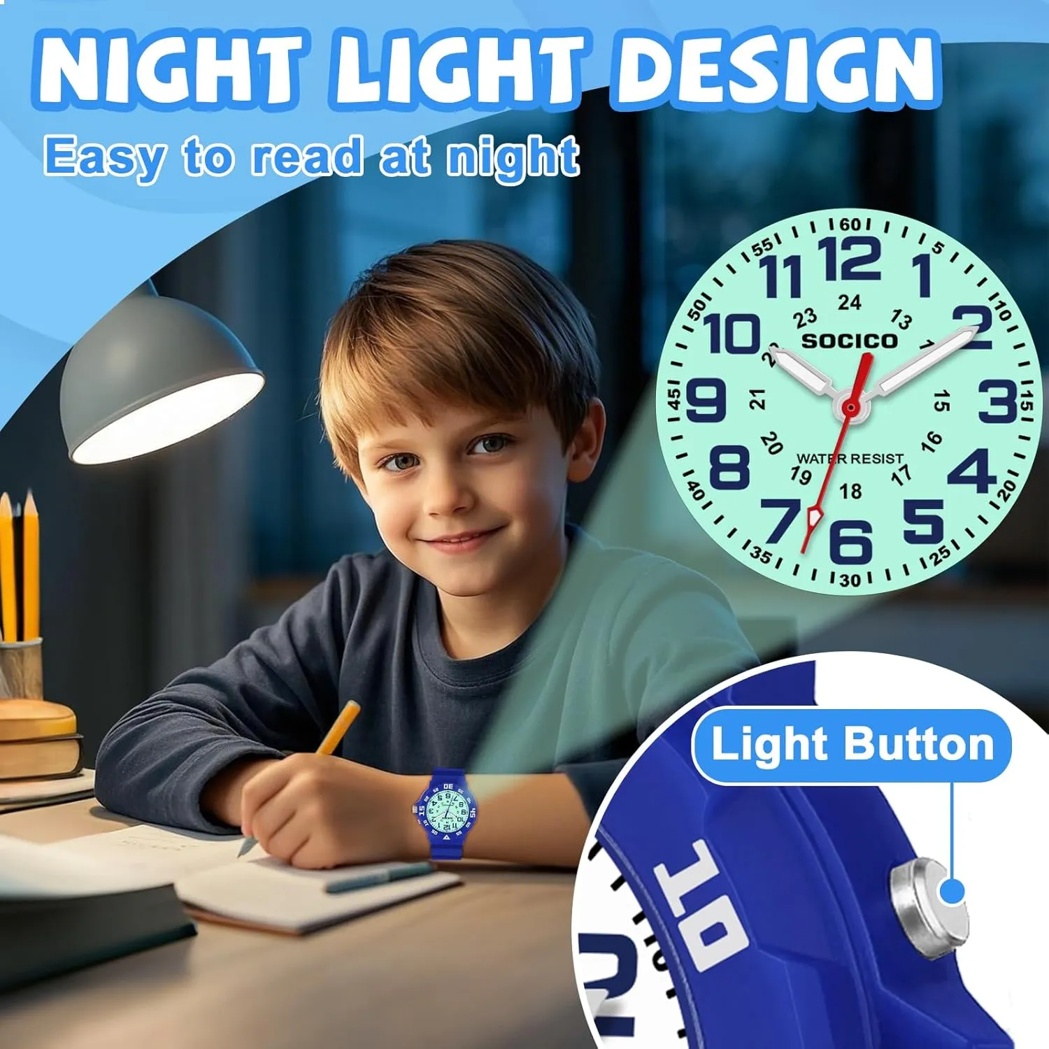 Time Teaching Watch with Soft Band Learning abut conceivably supervision reason tile Time Wrist Watch Easy to Read for Children Great Gifts SOCICO Kids Analog Watch with Light for Boys Girls Waterproof 