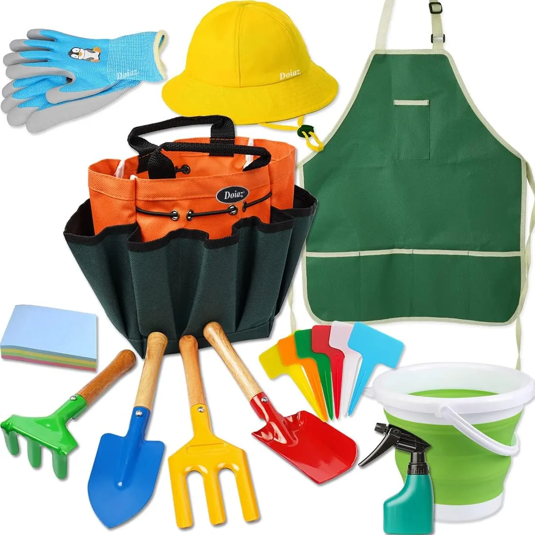 Tools Kit for abandon activate Children Includes Sturdy Shovel,Rake,Fork,Trowel,Kid Garden Kit with Sun Hat,Apron,Gloves,Tote Bag,Sprayer and Bucket,Outdoor Gardening Gifts Kids Gardening Set -Real Metal Gardening 